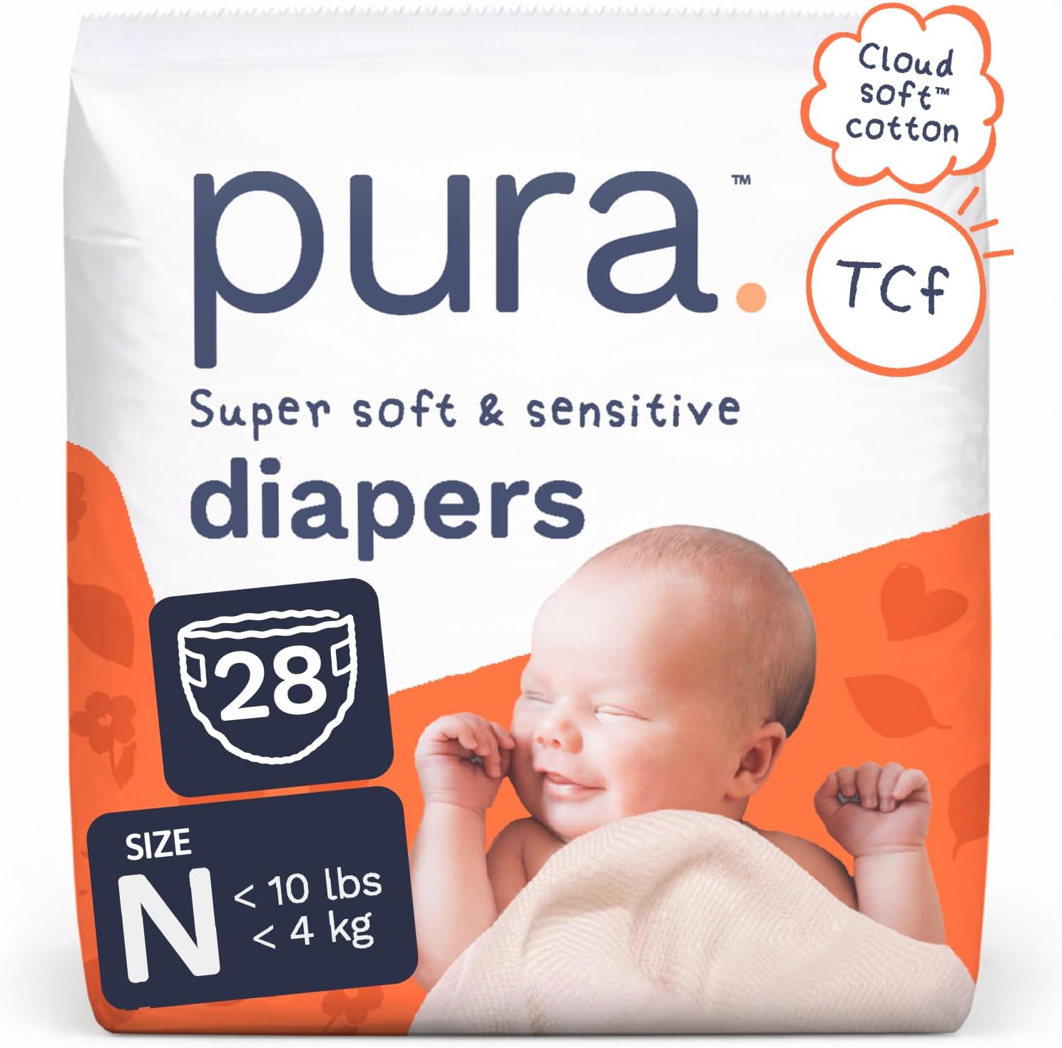 Pura Newborn Baby Diapers – Size N (Up to 10 lbs), 28 Count, Cloud Soft Disposable Diapers for Sensitive Skin, Totally Chlorine Free, Blowout Blocker & Wetness Indicator