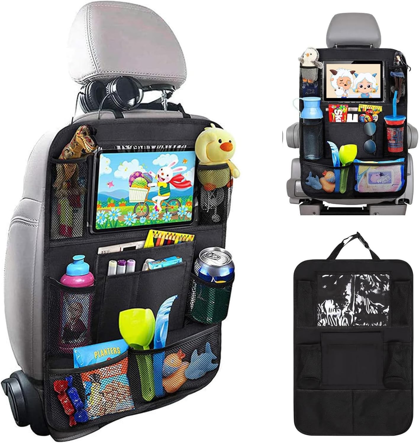 Matenf Car Organizer Back Seat with 9 Storage Pockets & 10″ Tablet Holder, 1Pack Seat Back Cover for Kids Toddlers, Kick Mats Protector, Keep Cars Vehicles Organized & Tidy, Travel Accessories