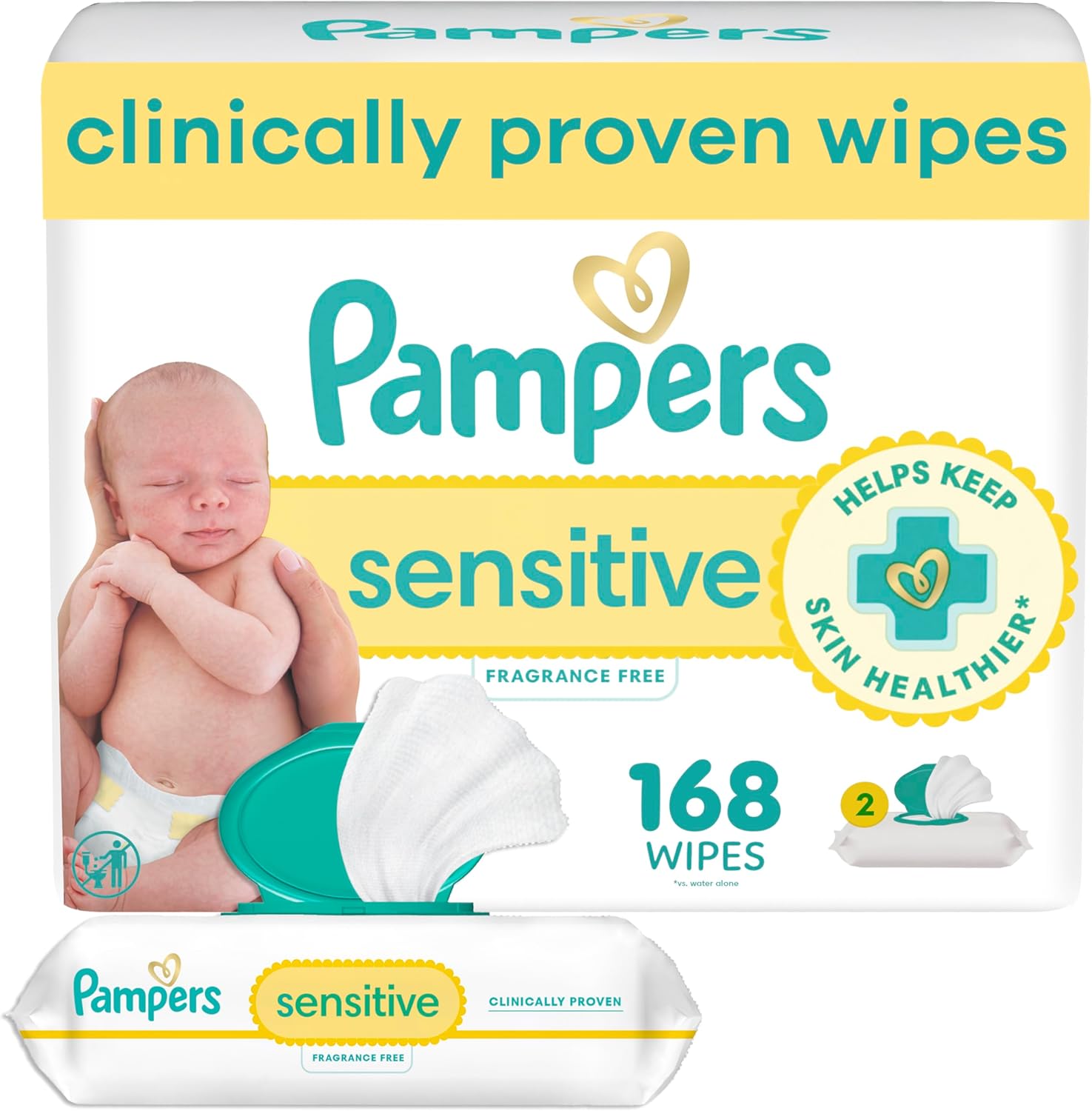 Pampers Sensitive Baby Wipes, Clinically Proven, Fragrance Free, Unscented, Water Based, Hypoallergenic, Multi-Use, Hand Wipes 168 Wipes Total (2X Flip-Top Packs) [Packaging May Vary]