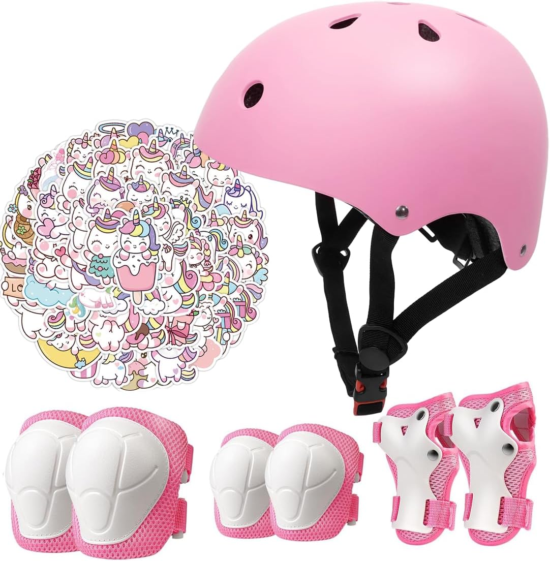 Kids Bike Helmet Set,CPSC Certified with Knee Elbow Wrist Pads Guards,Toddler Adjustable Black Helmet for Ages 2-3-5-8 Girls Child,Sports Protective Gear Set for Bicycle Skate Scooter