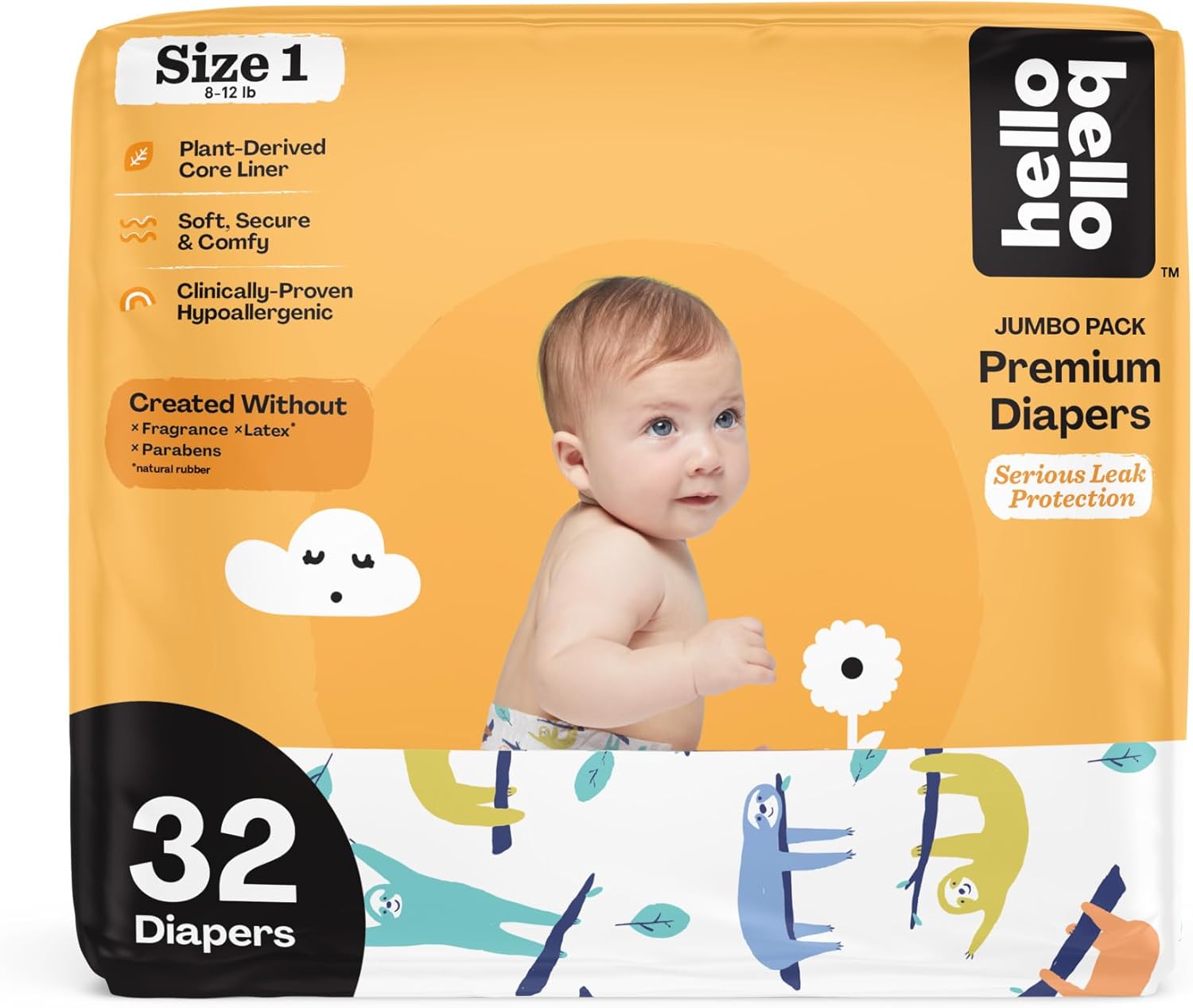 Hello Bello Premium Baby Diapers Size 1, 32 Count of Disposable, Extra-Absorbent, Hypoallergenic Baby Diapers with Snug and Comfort Fit, Sleepy Sloth