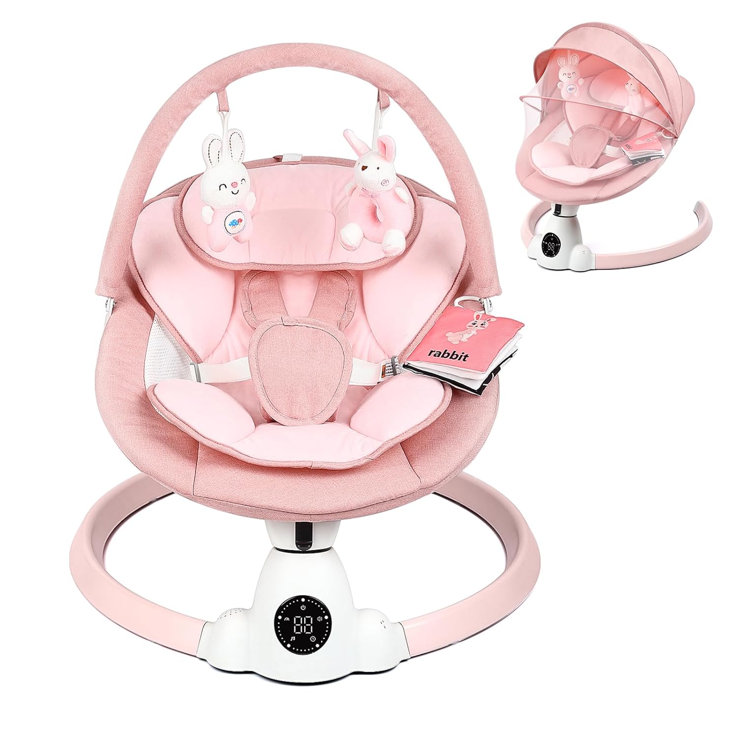 Uuoeebb Baby Swing for Infants, Portable Electric Baby Swings with Bluetooth, 5 Swing Speed, 10 Melodies, 5-Point Harness, Remote Control & Touch Panel – Infant Swing for Indoor & Outdoor Use, Pink