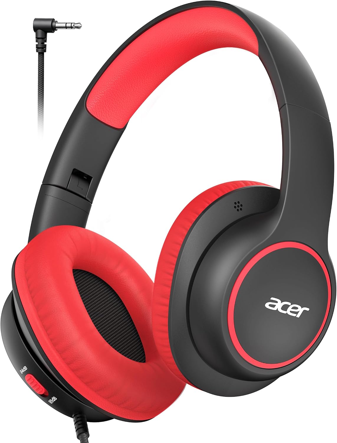 Acer Kids Headphones Wired for School – Over Ear Design, 85/94dB Safe Volume Limit, 3.5mm Jack Foldable Headphones for Toddler Boys Girls Classroom Yoto Player Chromebook Travel Black Red