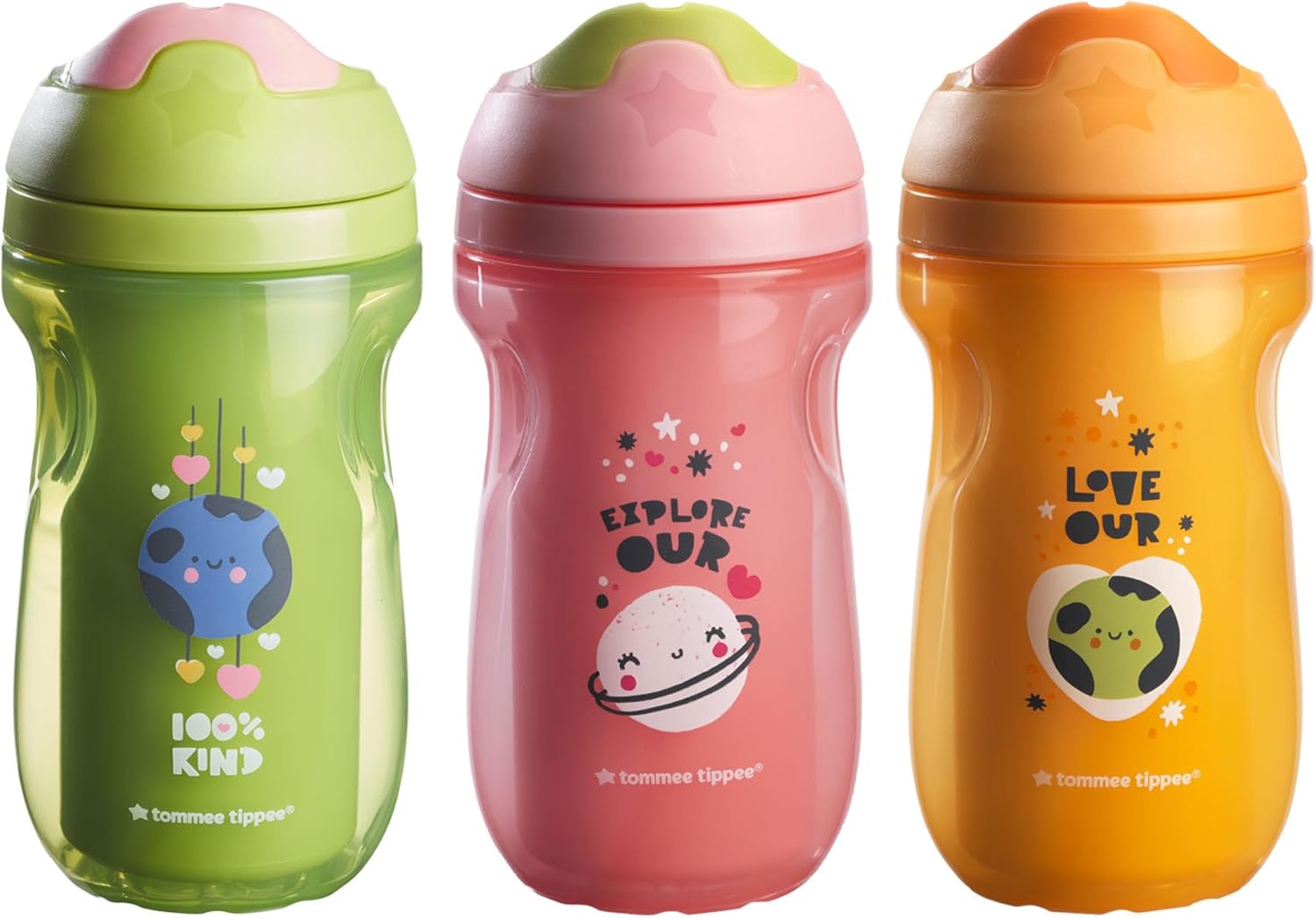 Tommee Tippee Insulated 9oz Superstar Toddler Water Bottle, No Spill Sippy Cups for Toddlers 1-3, Two-Piece Valve Helps Stop Spills, BPA Free, Pink, Green and Orange, Pack of 3