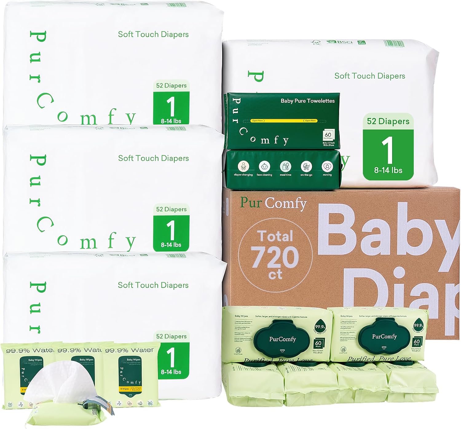 PurComfy Baby Diapers Essential Kit, 4 Pack Size 1 Diapers (208 Ct), 6 Pack (360Ct) Baby Wipes and 2 Pack (120Ct) Dry Wipes, All-in-One Newborn Essentials Kit and Baby Gift for Sensitive Skin