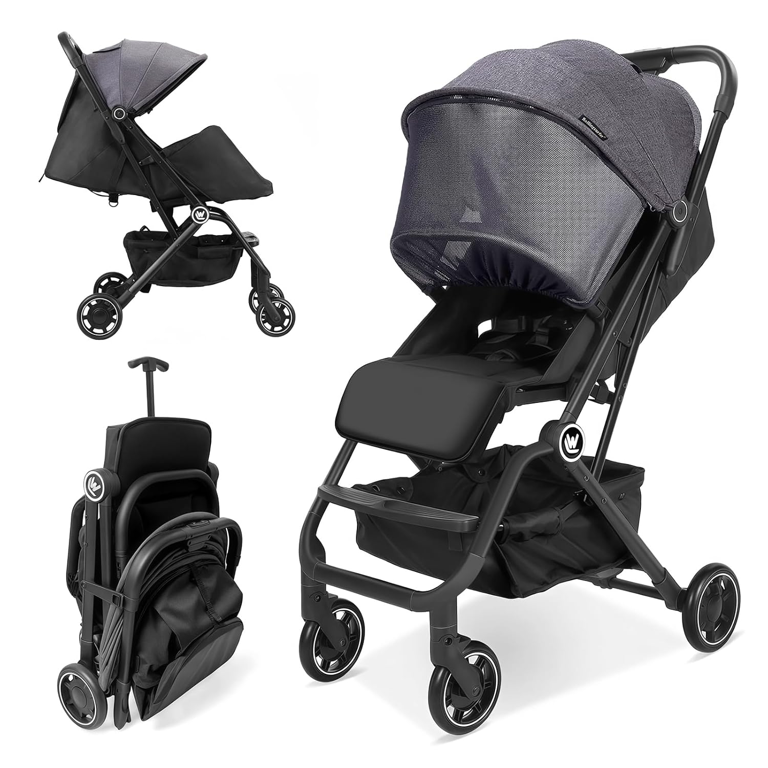 Rollingsurfer Lightweight Baby Stroller for Airplane, Compact Travel Pushchair with Retractable Foot Cover & Reclining Backrest, One Hand Fold Stroller for Toddlers 0-36 Months