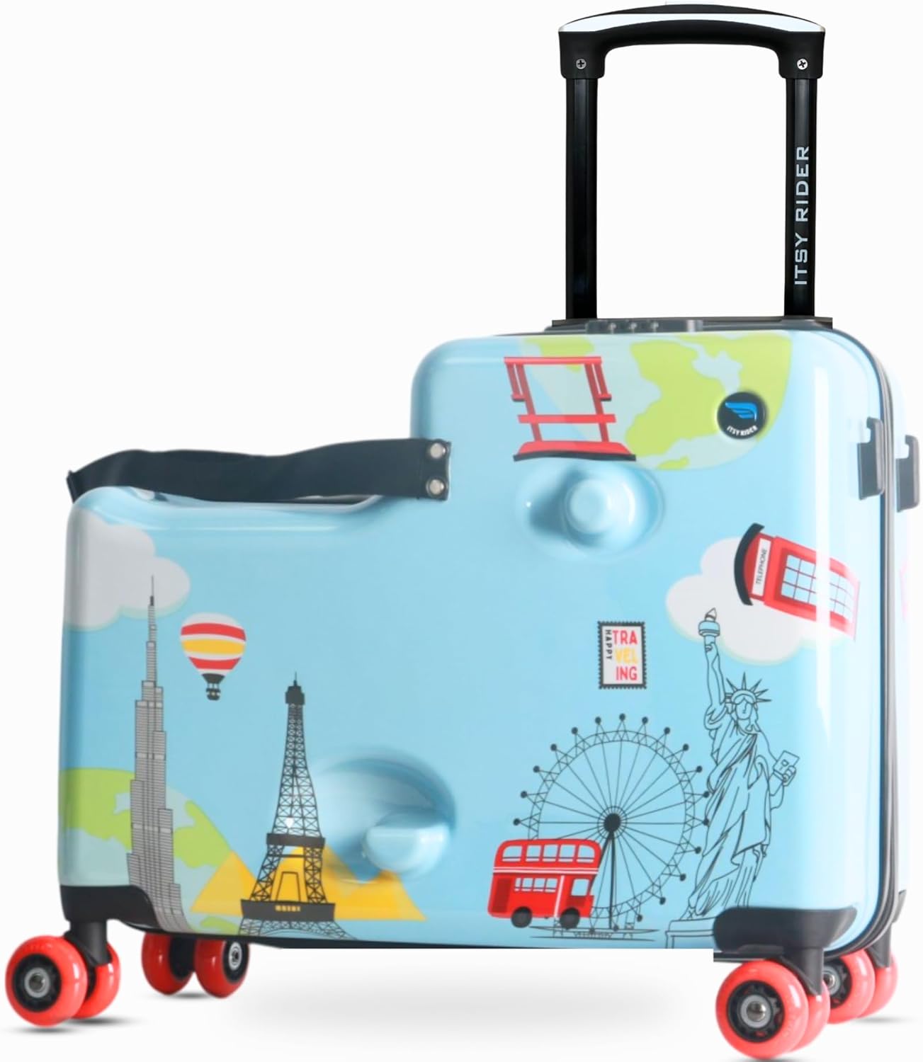 Cegali Itsy Rider 20″ Ride-on Suitcase for Kids with Double Spinner Red Wheels (Blue Landmarks)