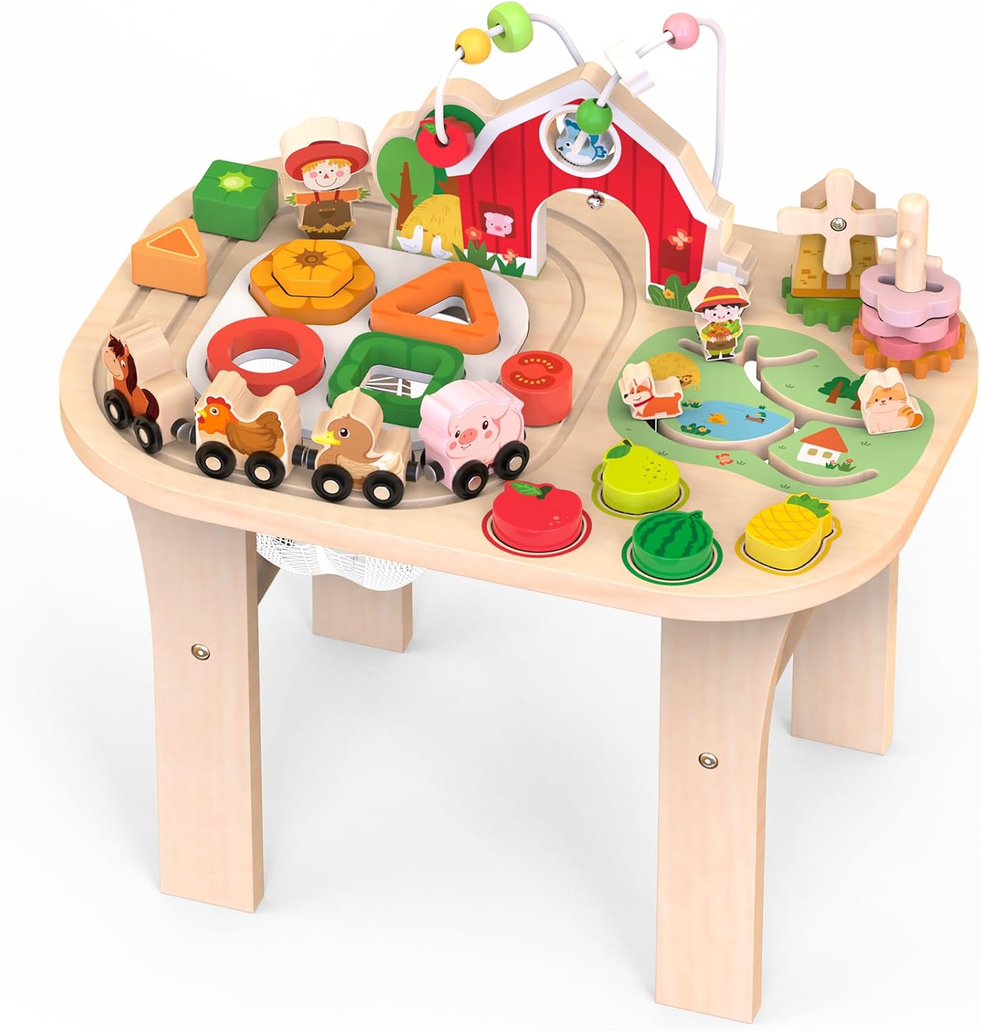 Weilim Montessori Activity Table for 1 Year Old — Wooden Sensory Table Baby Activity Center with Bead Maze, Shape Sorter, Train Track, Farm Toddler Toy, Educational Standing Play Toys, Kids 12+ Months