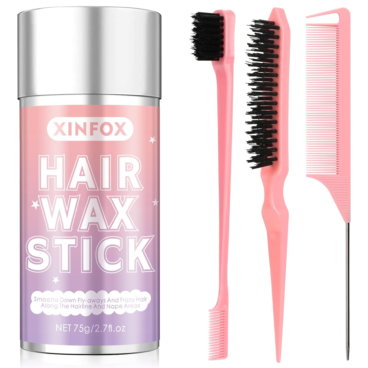 Hair Wax Stick, Slick Back Hair Brush, Wax Stick for Flyaways, Rat Tail Comb Edge Brush Styling Tool Set Accessories for Women Girls(Pink)