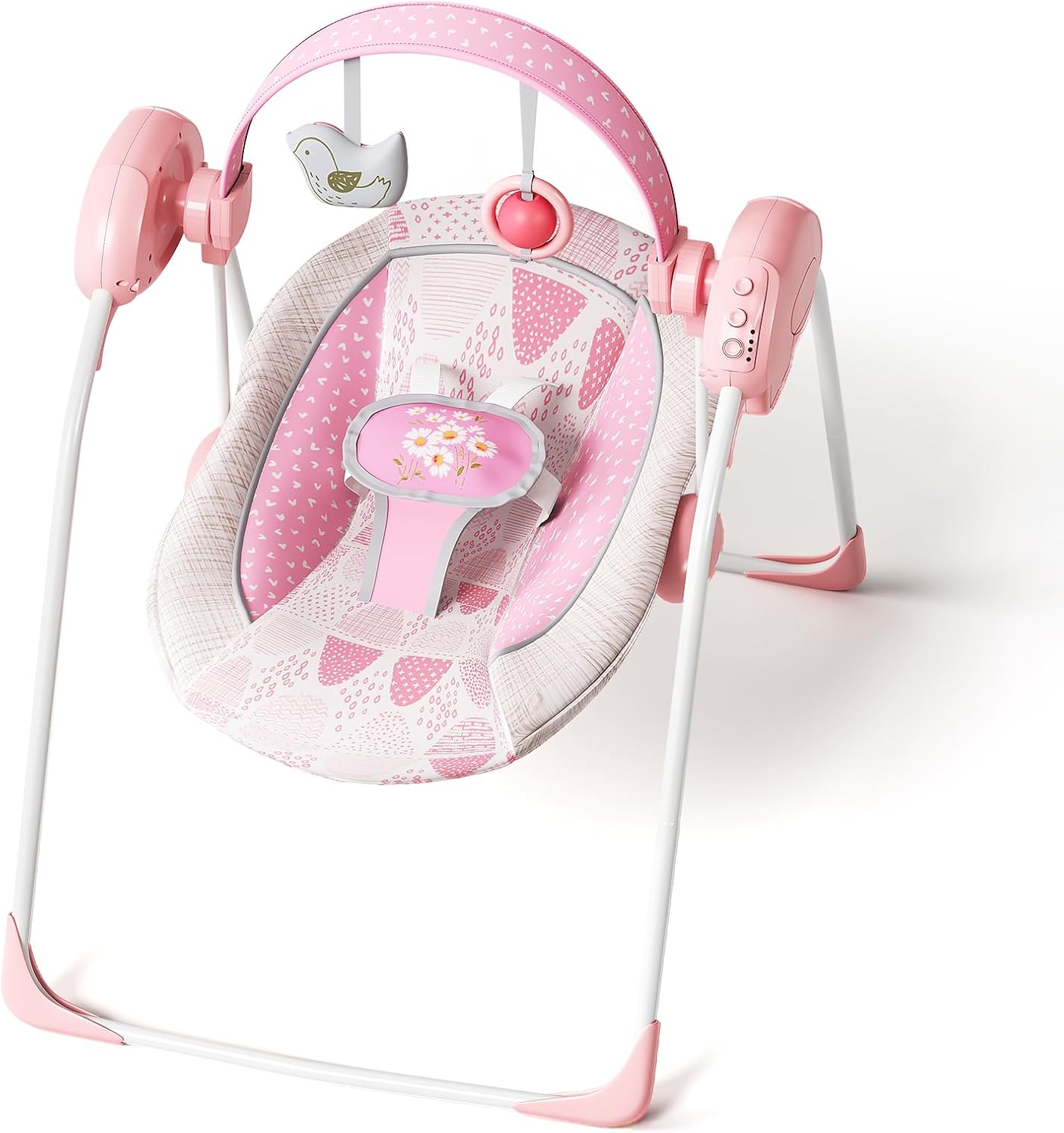 Portable Baby Swing, Pink Electric Infant Swing with 5 Speed Levels, 6 Songs & Timer – Battery-Powered Only (No Batteries Included) Pink and White