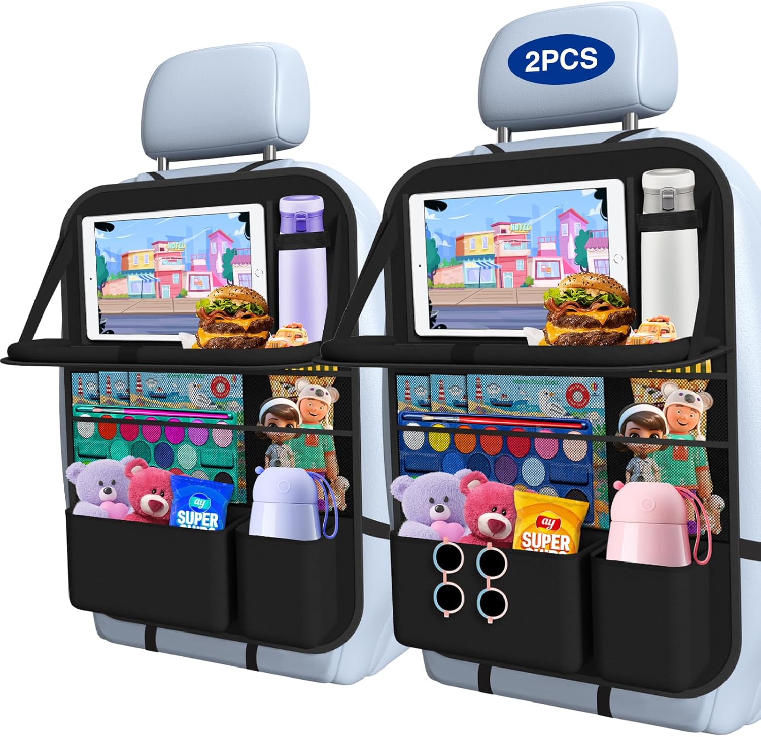 Car Backseat Organizer with Table Tray(2-Pack) 9 Storage Pockets Backseat Car Organizer and storage with Tablet Holder, Kick Mats Back Seat Cover for Kids family Road Trip Essentials Travel
