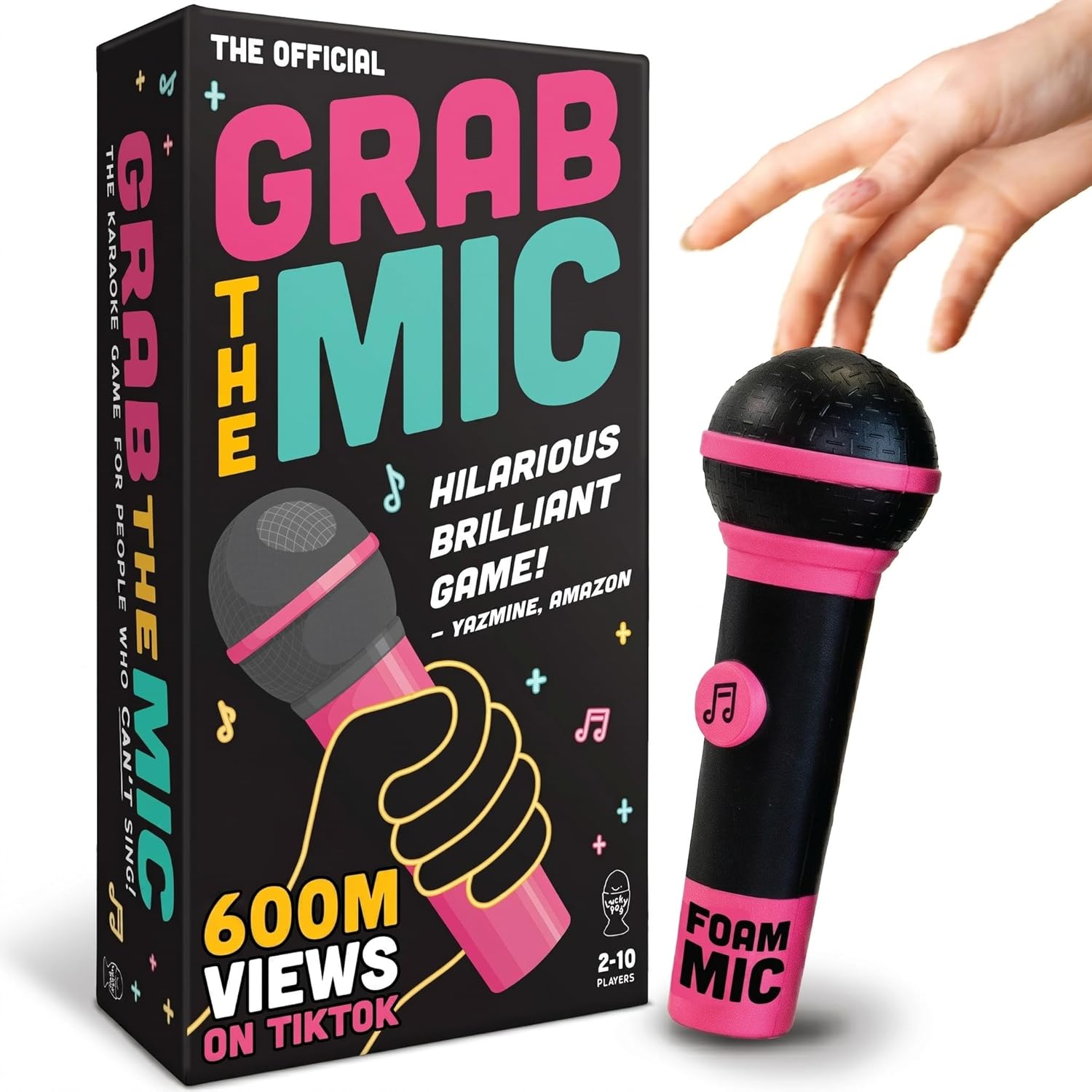 Lucky Egg Official Grab The Mic – Family Karaoke Board Game w/Foam Mic, 8+ Ages, 2-10 Players – Games for Bad Singers w/ 230 Lyrics (115 Cards)