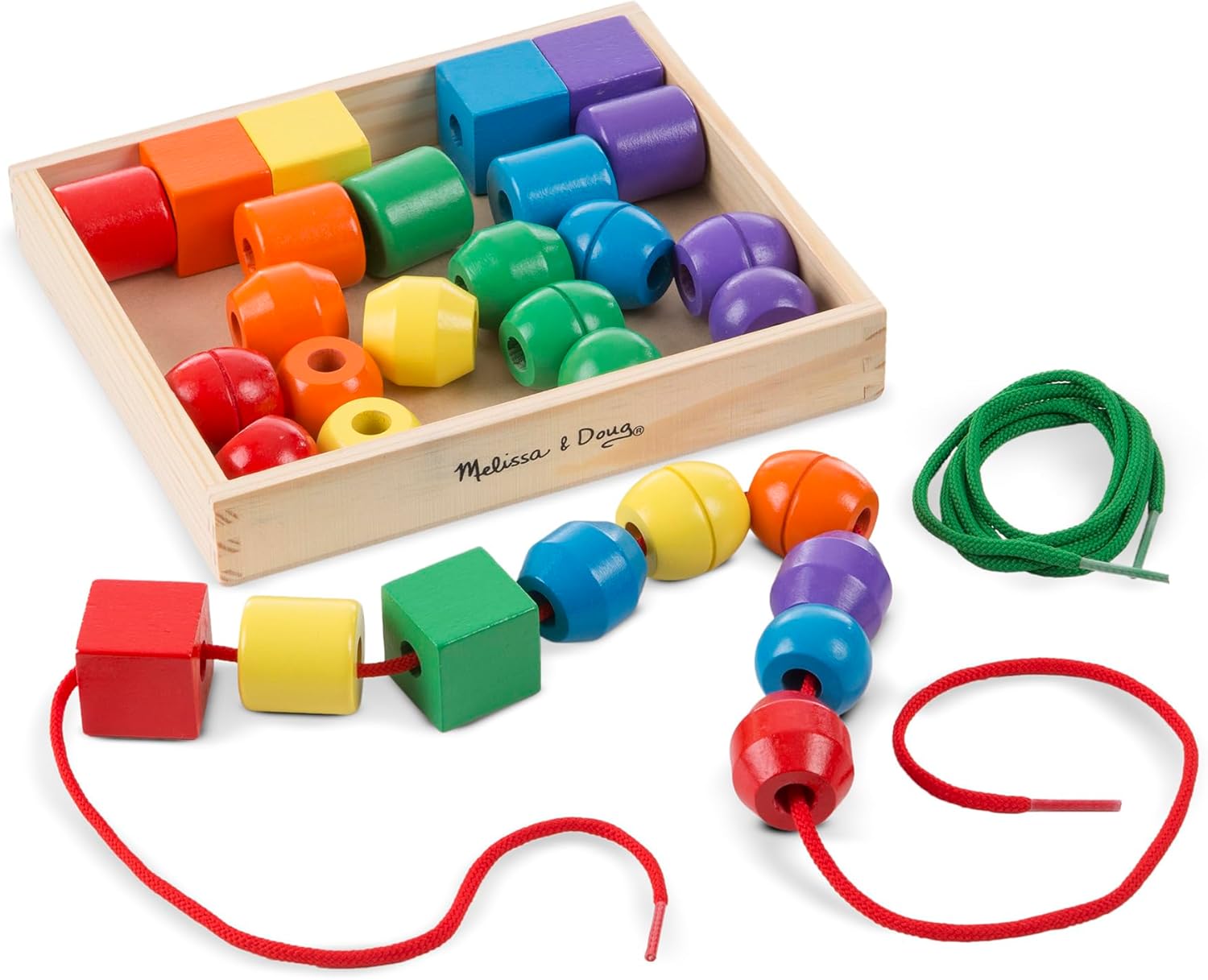 Melissa & Doug Primary Lacing Beads – Educational Toy with 30 Wooden Beads and 2 Laces for Toddlers, Fine Motor Skills Lacing Toys for Toddlers and Kids Ages 3+