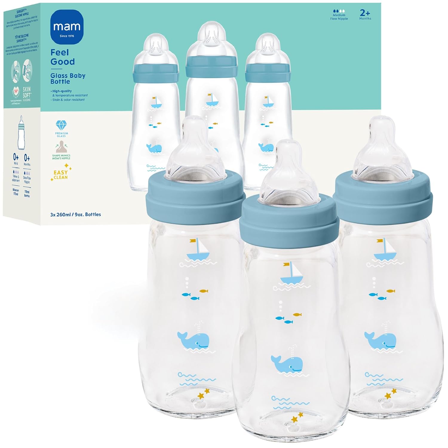 MAM 9oz Feel Good Pure Glass Anti-Colic Wide Neck Baby Bottle, Medium Flow Skin Soft Silicone Nipple, Easy to Clean, BPA Free, 2+ Months, Easy Switch Between Breast & Bottle, Made in Europe, 3 Pk, Boy