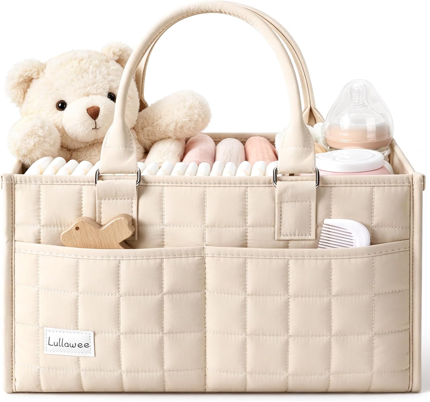 Baby Diaper Caddy Organizer, Portable Nursery Storage Basket with Handle for Newborn Boy or Girl, Gift for Baby Shower Essentials, Registry Must Have Bag, Caddie Car Organizer, Beige