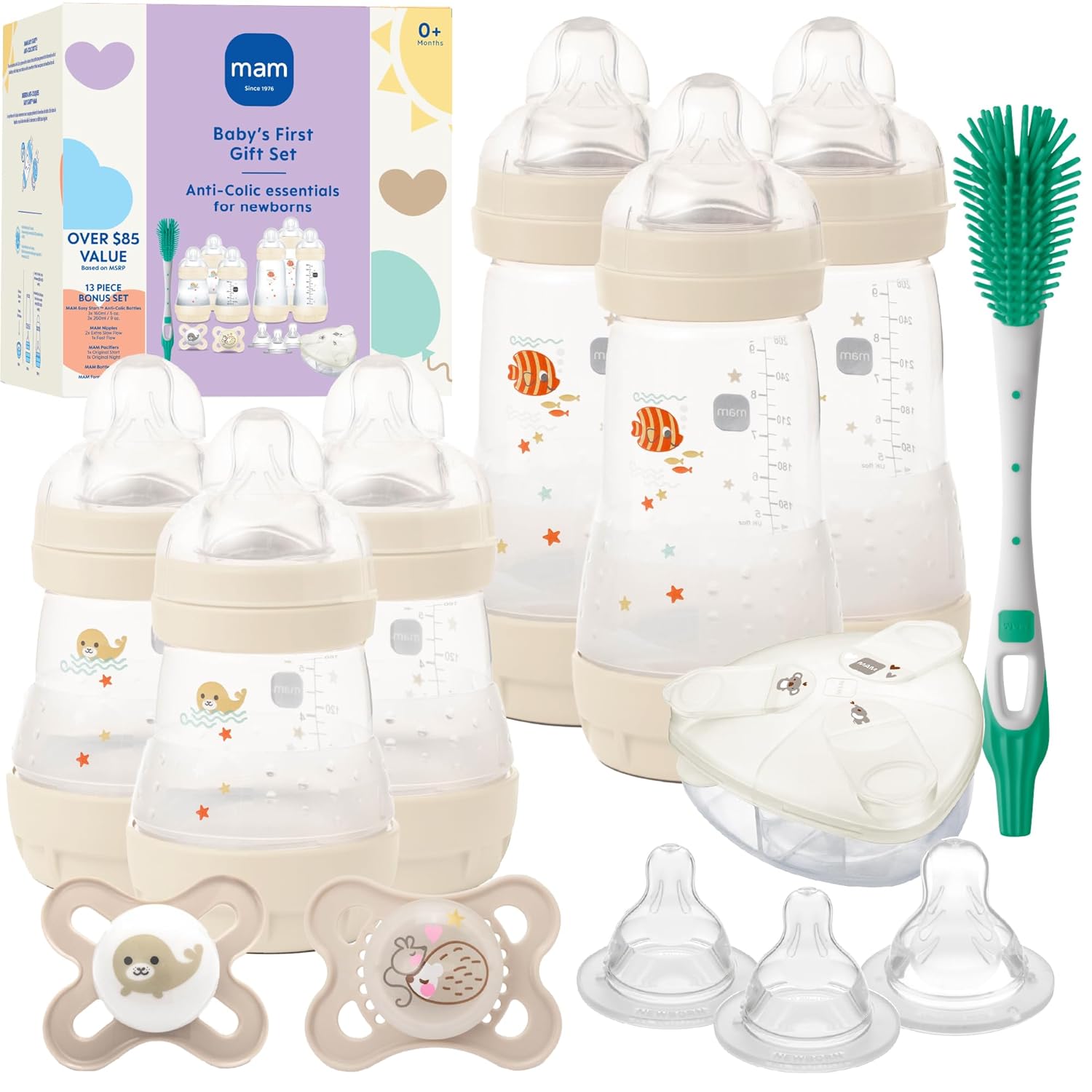 MAM Newborn Essentials Anti-Colic Baby Bottle & Pacifier Set 6 Easy Start Bottles (5oz & 9oz) 8 SkinSoft Nipples (Slow–X-Fast Flow) | Self-Sterilizing, Glow in The Dark Pacifiers & Brush