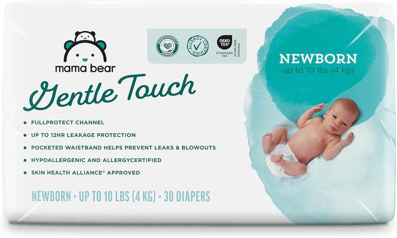 Amazon Brand – Mama Bear Gentle Touch Diapers, Size Newborn, Keeps Baby Dry, Skin Safe, Formulated without Fragrance, 30 Count