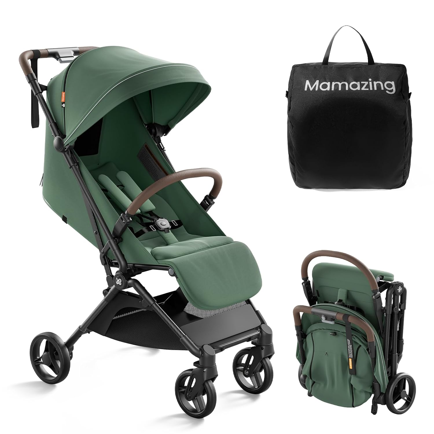 MAMAZING Ultra Air Lightweight Baby Travel Stroller with Carbon Fiber Frame, Compact & Airplane-Friendly, One-Handed Fold, 11.6 lbs, Perfect for Toddlers, Green