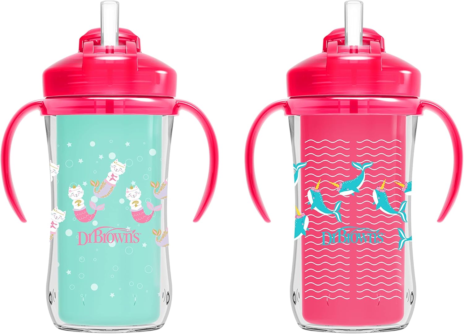 Dr. Brown’s Milestones Insulated Sippy Cup with Straw and Handles, Spill-Proof Tumbler with Lid, 2-Pack, Pink, 10 oz/300 mL, BPA Free, 12m+