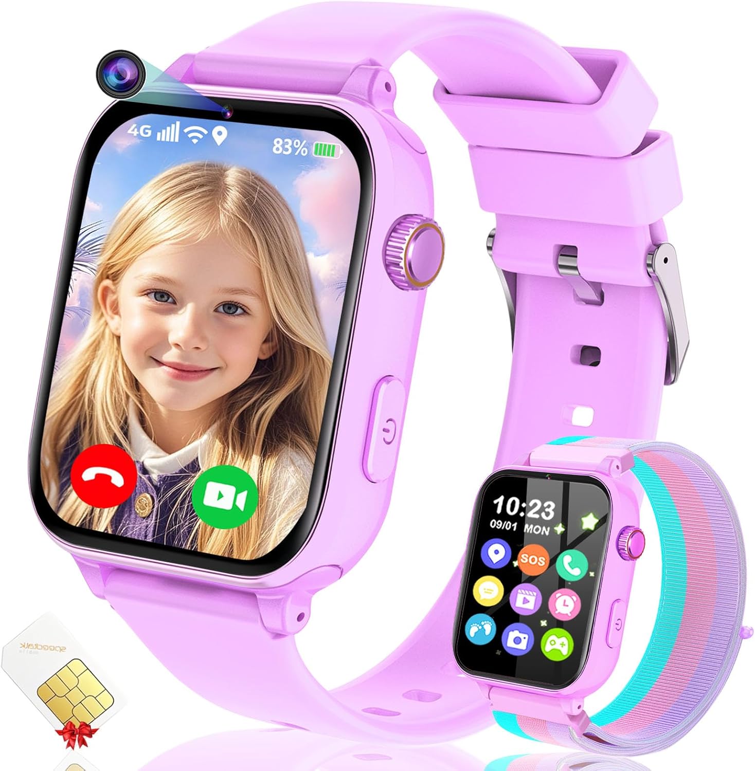 4G Kids Smart Watch GPS Tracker, Smartwatch for Kid with Video Calling, Voice Chat, Class Mode, SOS , Pedometer, Alarm, SIM Card HD Touch Screen Phone Watch Gift for 4-12 Girls Boys (Light Purple)