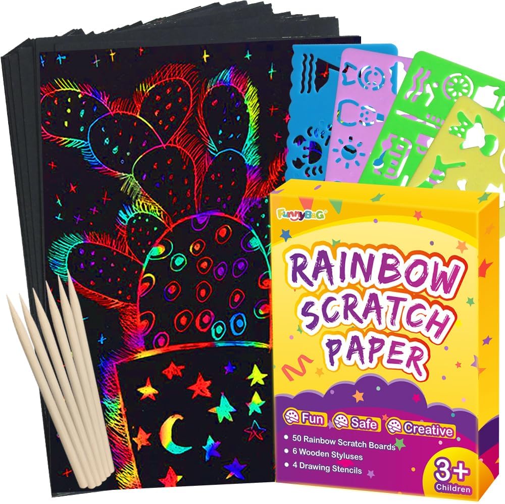 FUNNYB&G Rainbow Scratch Paper Art for Kids – 60 Pcs Magic Rainbow Scratch Paper Off Set Scratch Easter Crafts Arts Supplies Kits Pads Sheets for Party Games Valentine’s Day Christmas Birthday Gifts