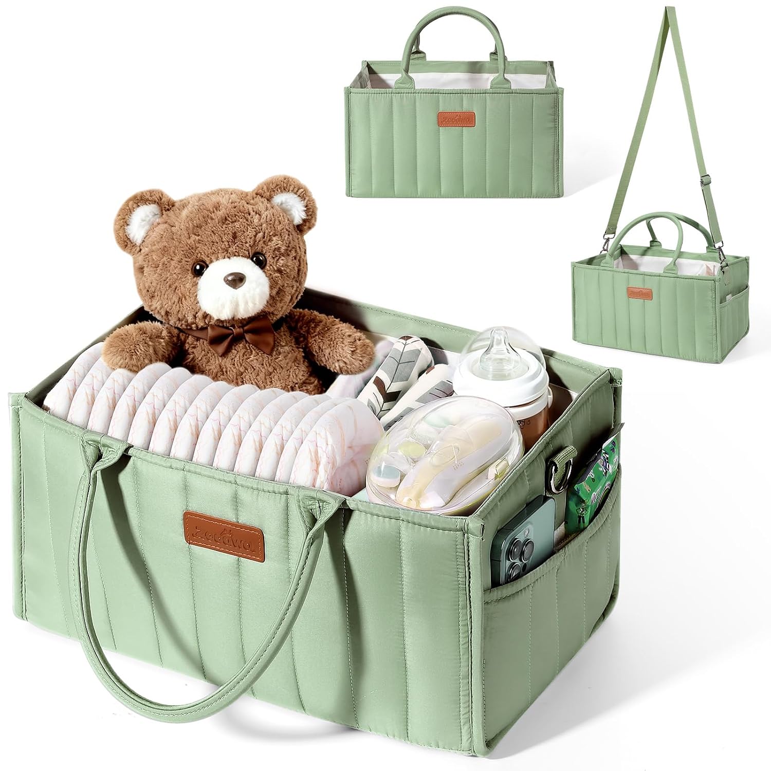 Baby Diaper Caddy Organizer, Portable Nursery Storage Basket with Compartments, Handle & Shoulder Strap for Newborn Baby Essentials, Gift for Baby Shower, Nursery, Travel, Car, Matcha Green