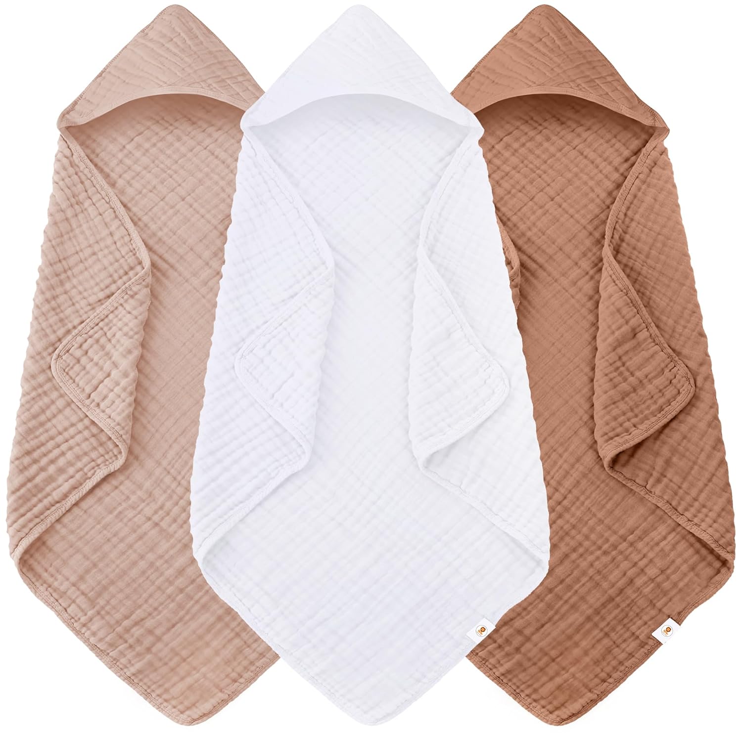 Sunny zzzZZ Muslin Hooded Baby Bath Towels – 3 Pack 100% Cotton Soft Low-Saturation Pastel Towels Including Classic White for Newborns, Infants, Toddlers – 32×32 Inch – Light Bean Paste and White