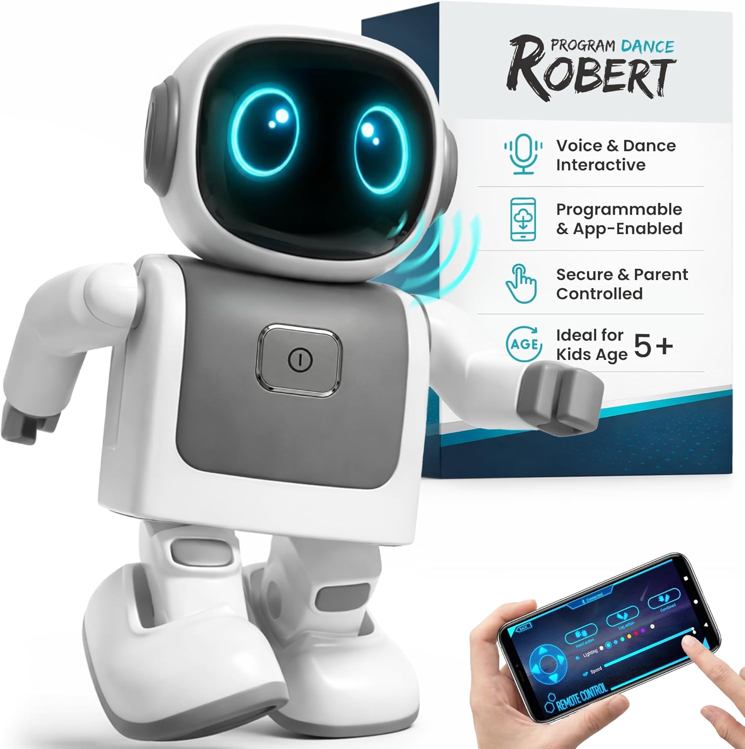 SmartyBot Smart Robot Toy for Kids – Interactive Remote Control Robot with App, Programmable Moves, 7 Customizable LED Eye Colors, Reacts to Music, STEM Learning Toy for Boys & Girls Ages 4 5 6 7 8 9
