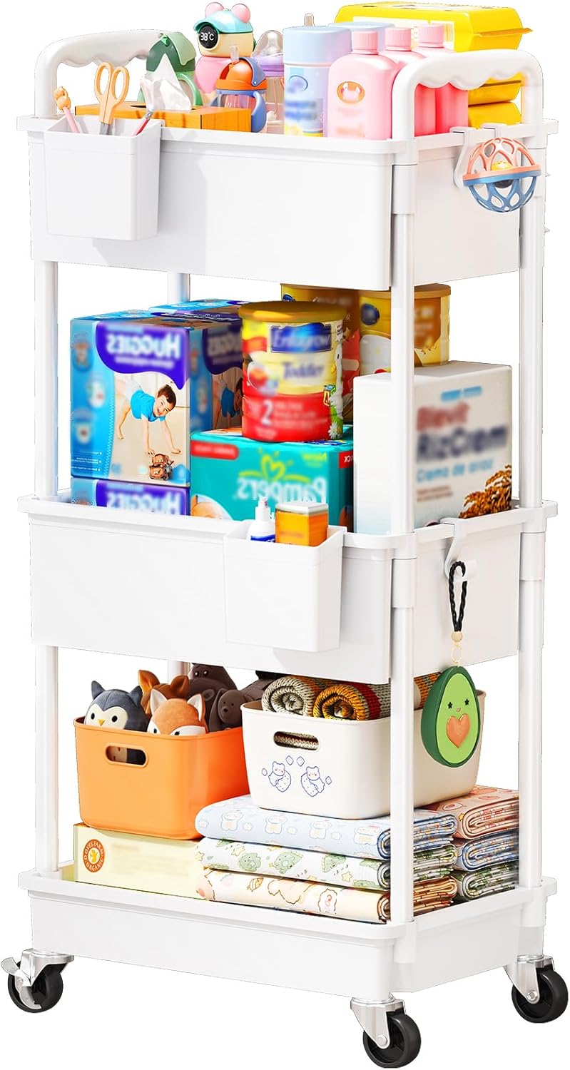 SUNALLY Baby Diaper Caddy Cart, 3 Tier Rolling Diaper Cart with Lockable Wheels for Nursery Essentials, Large Capacity & Easy Assemble Diaper Storage Organizer for Newborn,New Mom, White