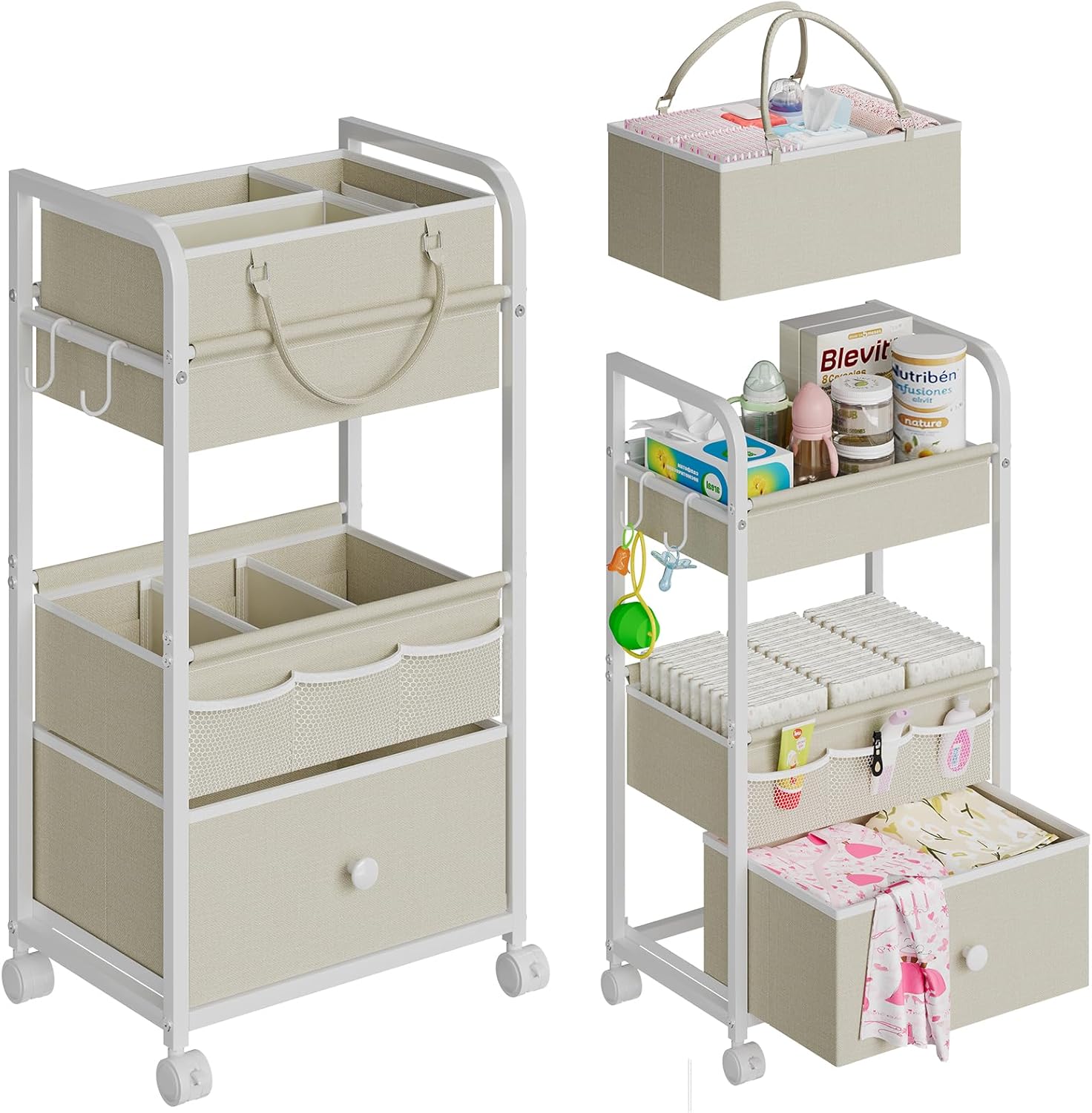 Cidaziya 2In1 Baby Diaper Caddy Organizer and Storage, 3 Tier Rolling Cart with Drawer, Detachable Dividers, Mobile Utility Cart Baby Dresser Clothes Organizer for Baby Essentials, Bedroom, Nursery
