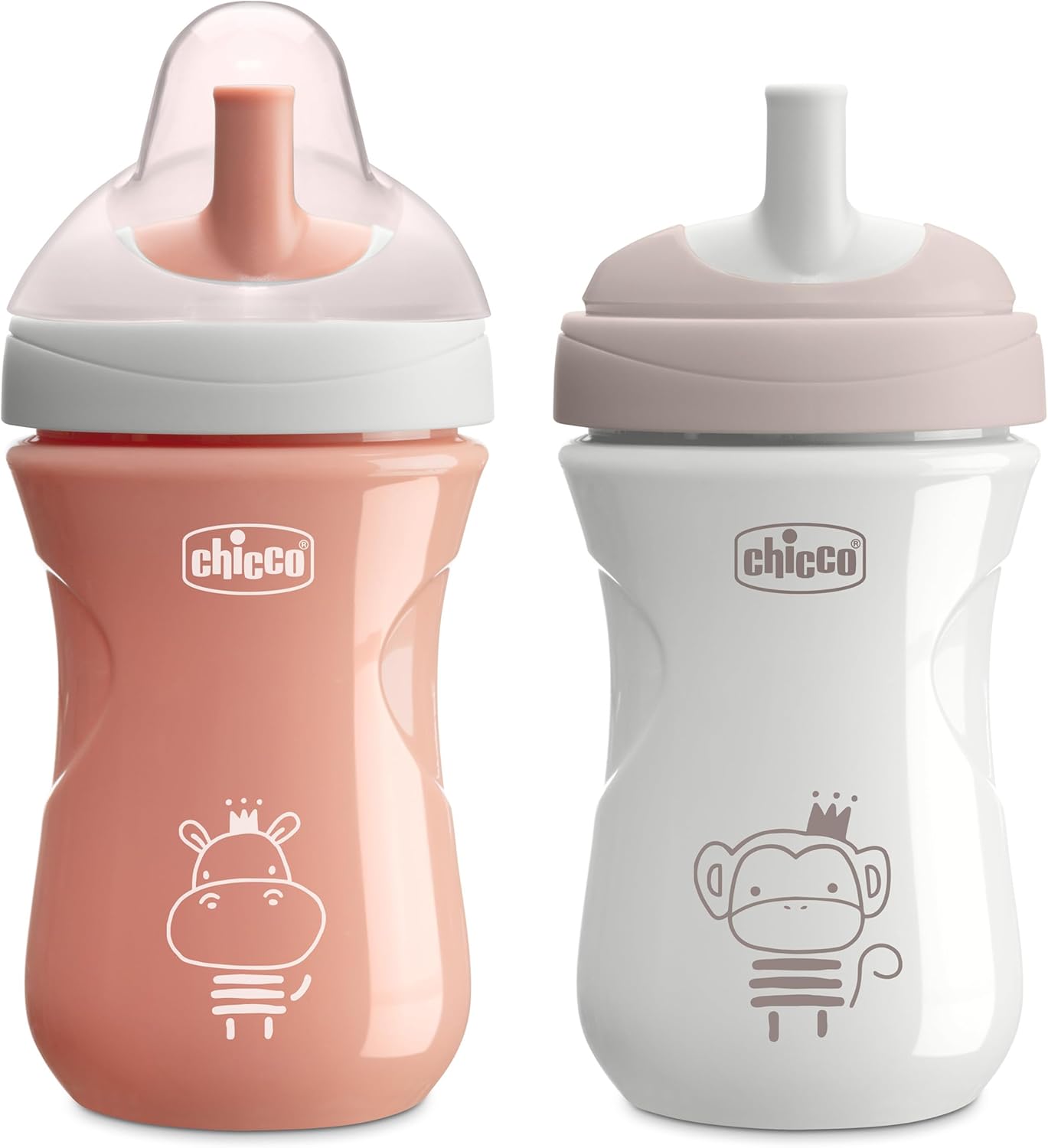 Chicco Sport Spout Sippy Cup 9+ Months, 9oz Toddler Training Cup with Bite-Resistant No-Spill Spout, Easy Grip, BPA-Free, 2-Pack, Coral/Grey