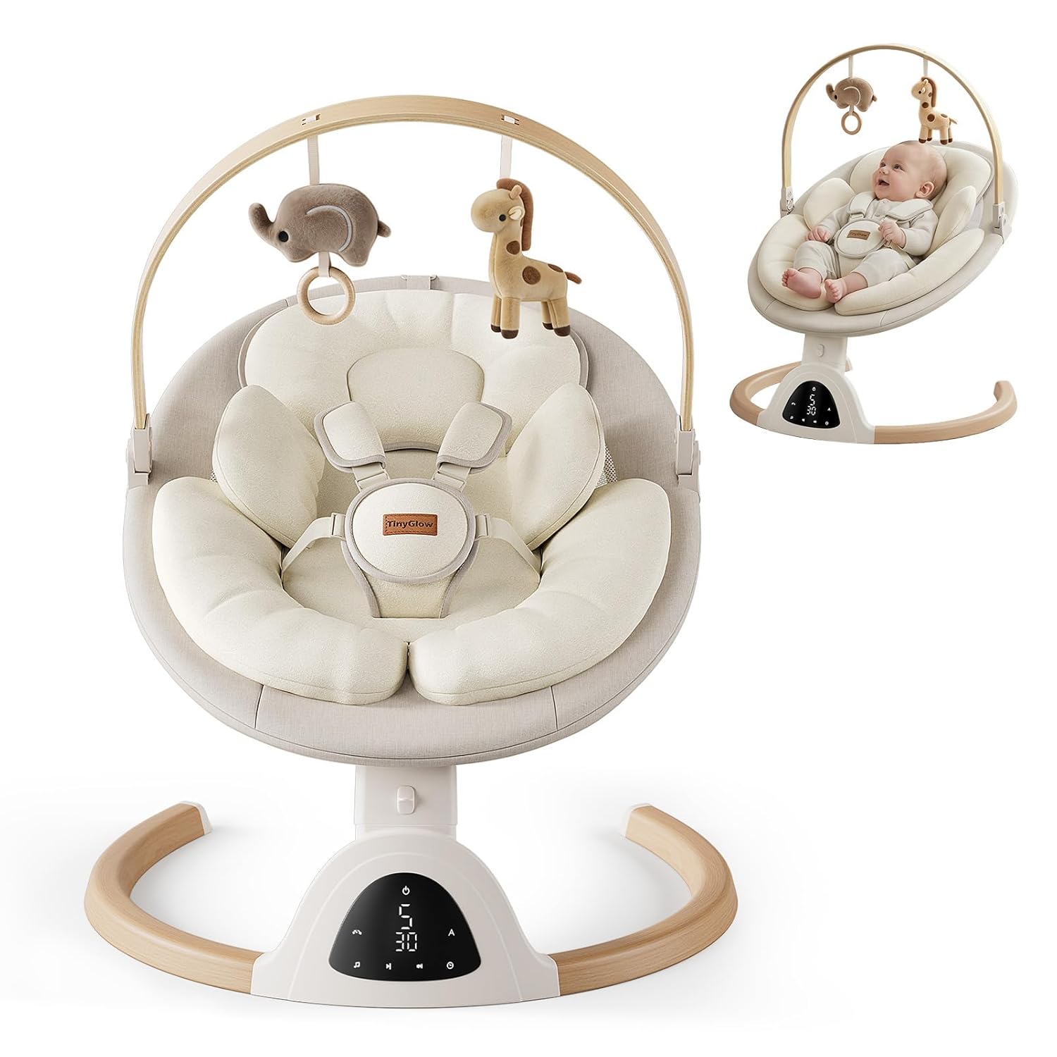 Baby Swings for Infants, TinyGlow Baby Swing, Electric Baby Swing with Remote Control, Portable Infant Swing for Indoor & Outdoor Use (Beige)