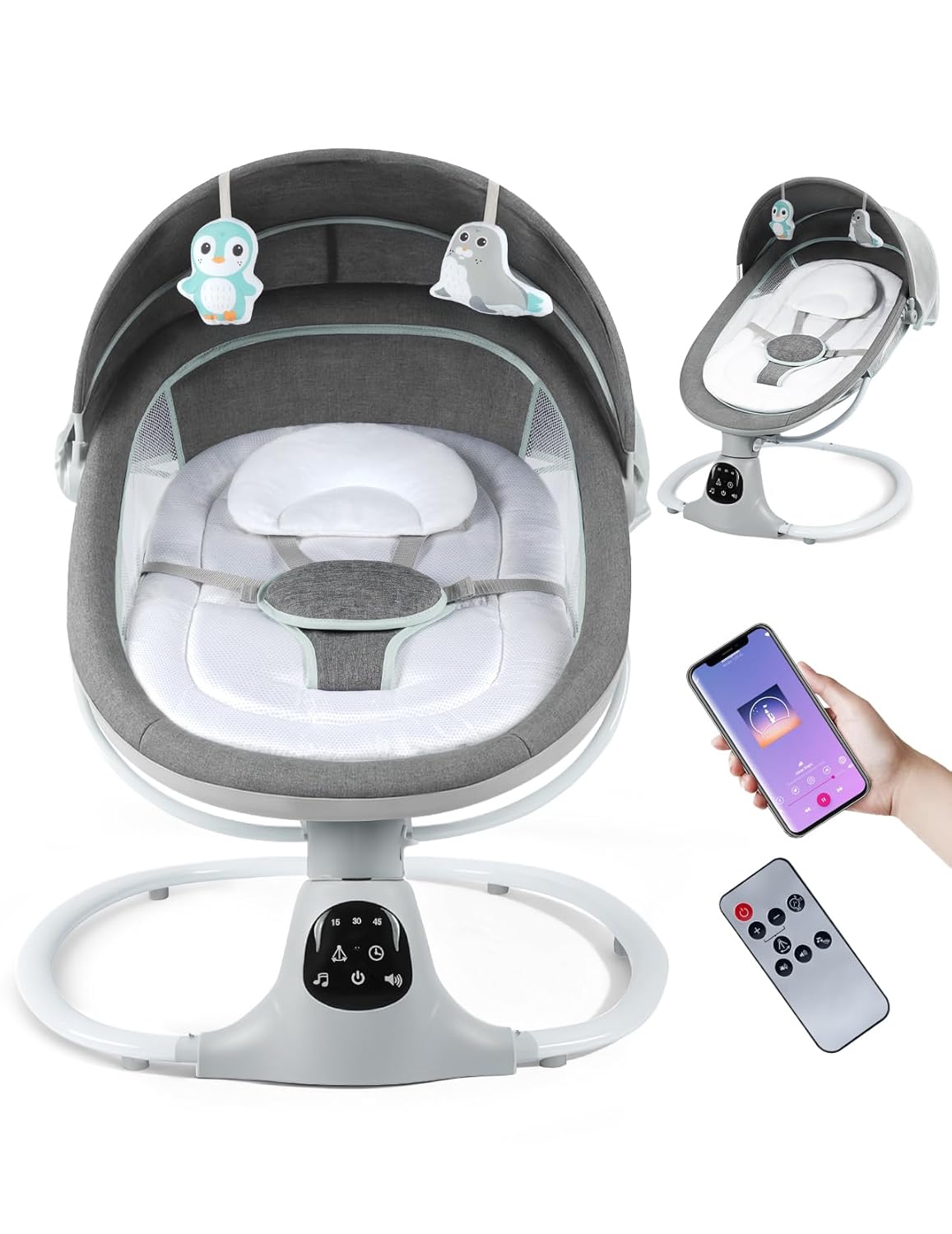 Electric Baby Swing for Infants to Toddler, 0-9 Months Portable Swing Rocker 5 Sway Speed, Bluetooth,12 Preset Lullabies with Remote Control, Infant Swing for Baby Boys & Girls, Grey