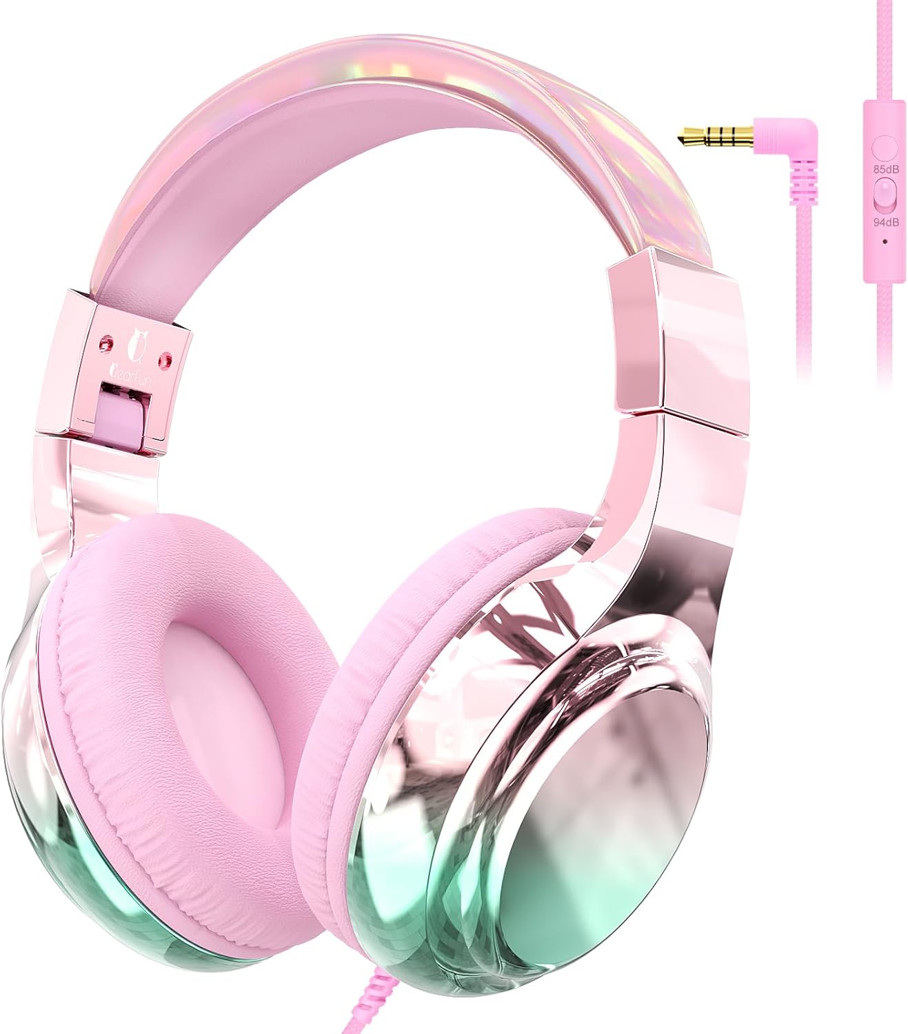 QearFun Kids Headphones with Cord, Wired Headset for Kids Girls Boys with Mic, 85/94dB Volume Limit, Foldable Over-Ear 3.5mm On-Ear Design, Sharing Port for School, Chromebook, Tablet, Travel