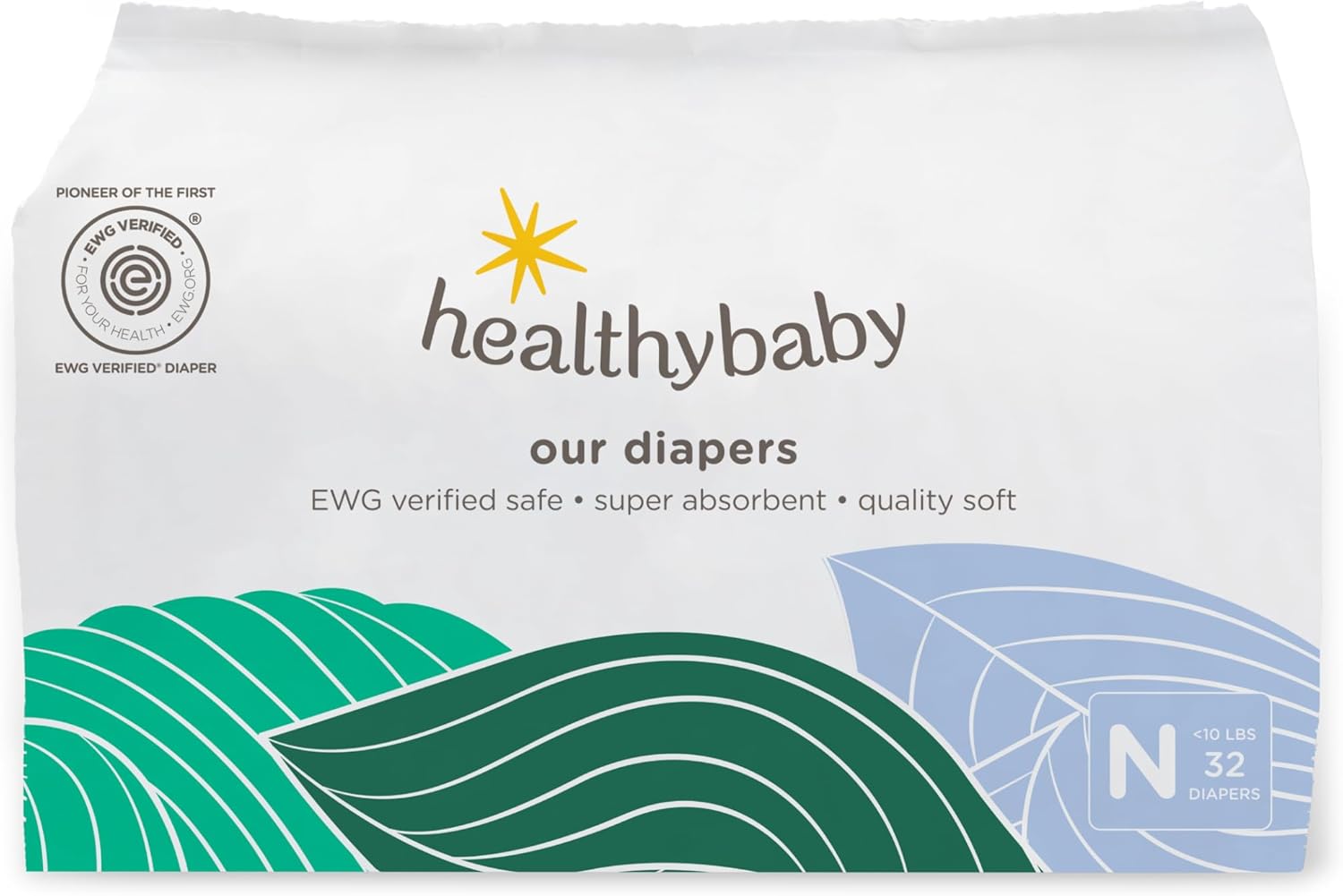 HealthyBaby Our Diapers | EWG Verified Safe & Plant-Based Diapers | Leak Protection | Soft Organic Cotton Shell | Chlorine-Free Diaper for Sensitive Skin | Size N (Under 10 lbs) 66 Count