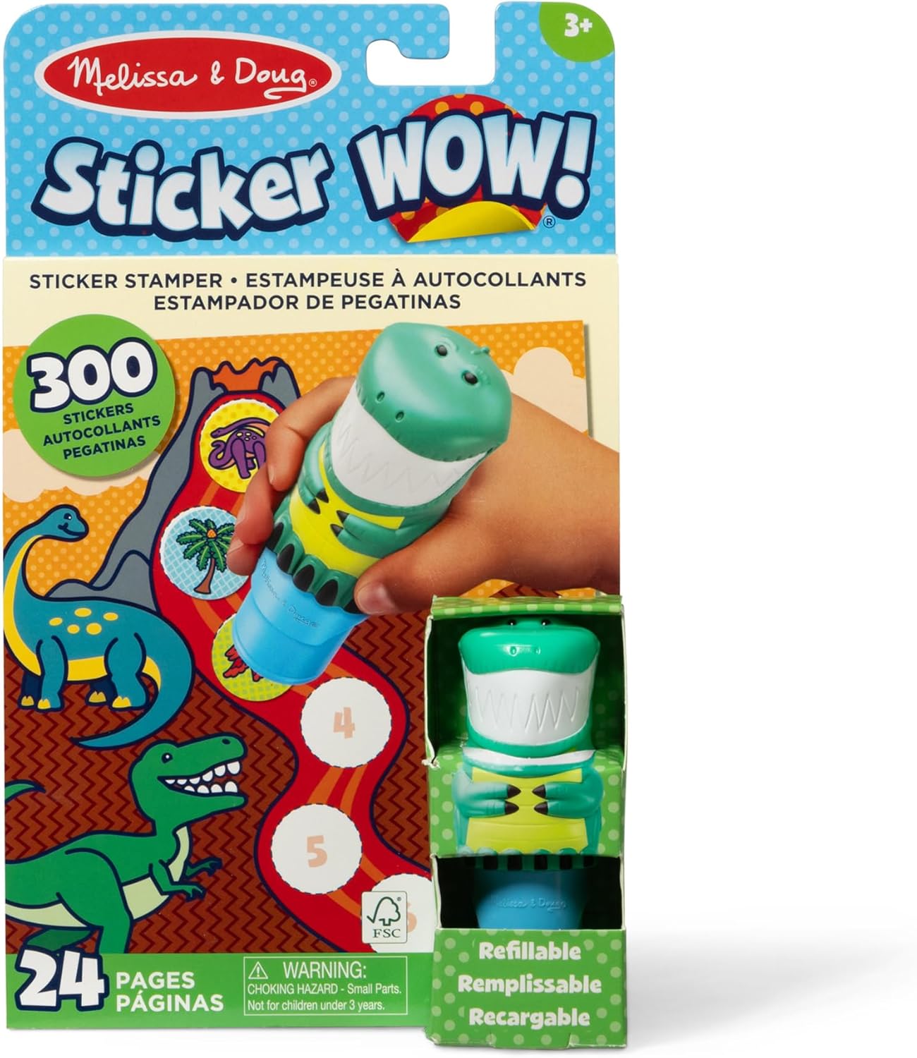 Melissa & Doug Sticker Wow!™ Sticker Stamper and 24-Page Activity Pad, 300 Stickers, Arts and Crafts Fidget Toy Collectible Character – Dinosaur – for Kids Ages 3+ – FSC Certified
