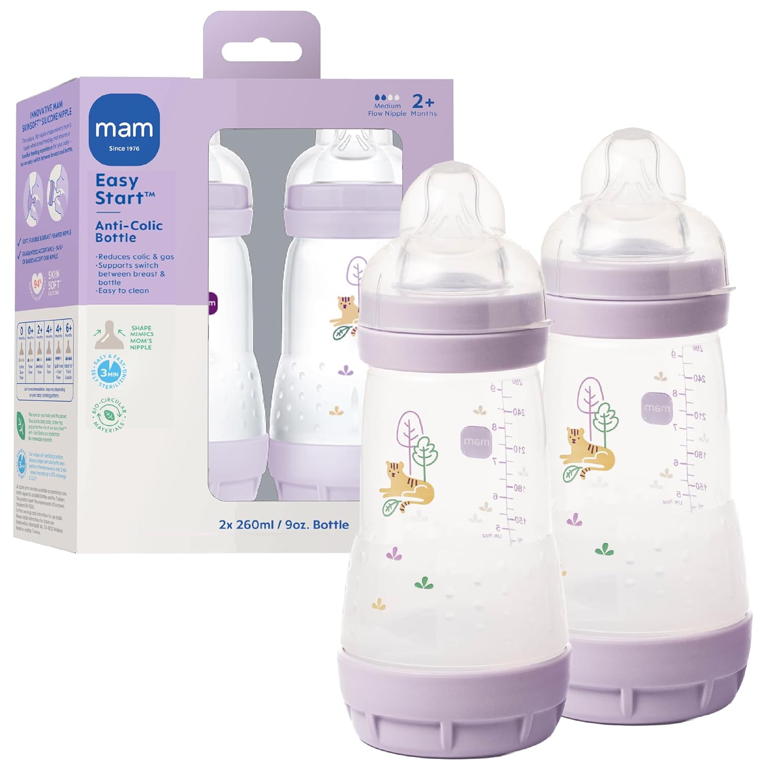 MAM 9oz Easy Start Anti-Colic+ Wide Neck Vented Baby Bottle, Medium Flow Breastfeeding-Like Nipple, Reduces Colic Gas & Reflux, Easy to Clean, BPA Free, 2+ Months, Made in Europe, 2 Pack, Girl