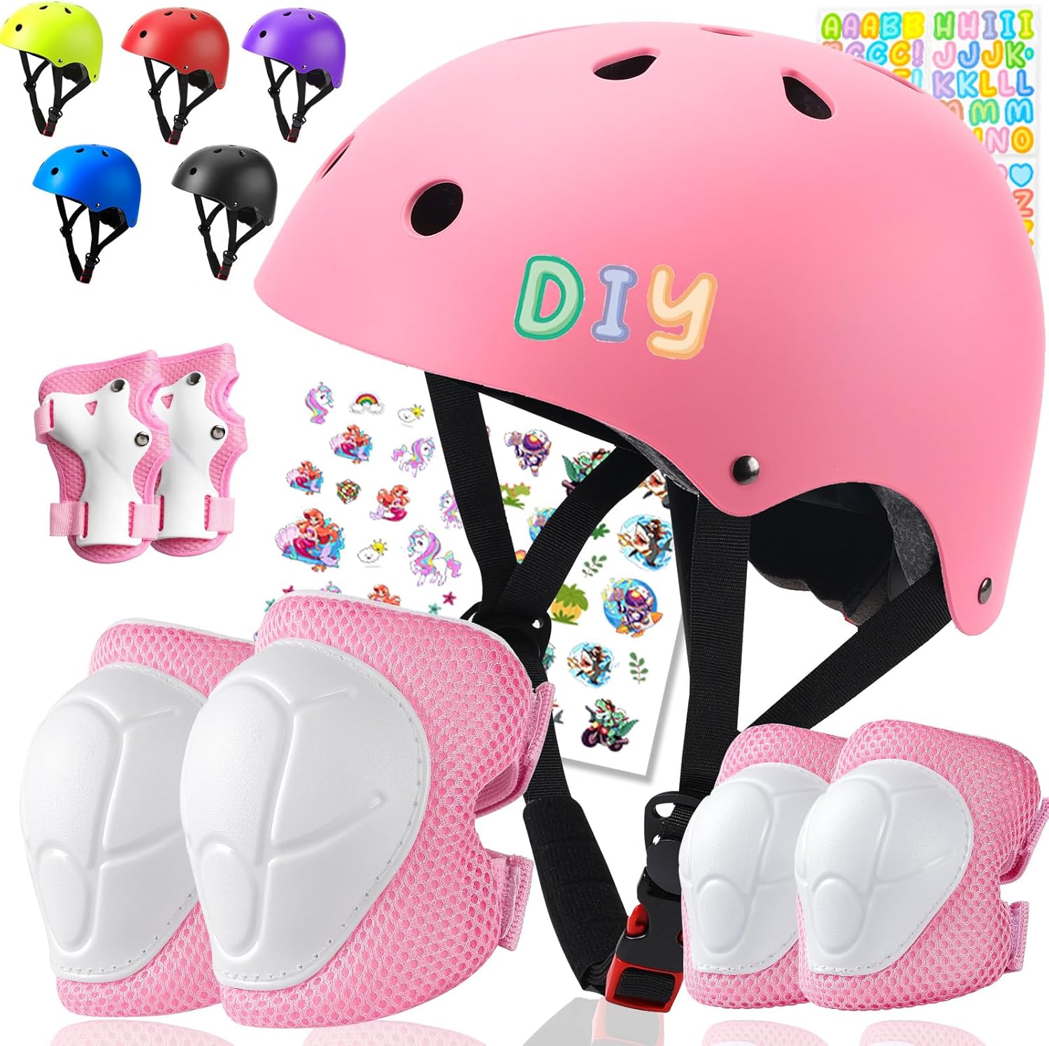 Kids Bike Helmet and Pads Set – Helmet with Knee Pads Elbow Pads Wrist Guards, CPSC Certified Adjustable Protective Gear for Girls Boys, for Bicycle Skate Scooter Skateboarding