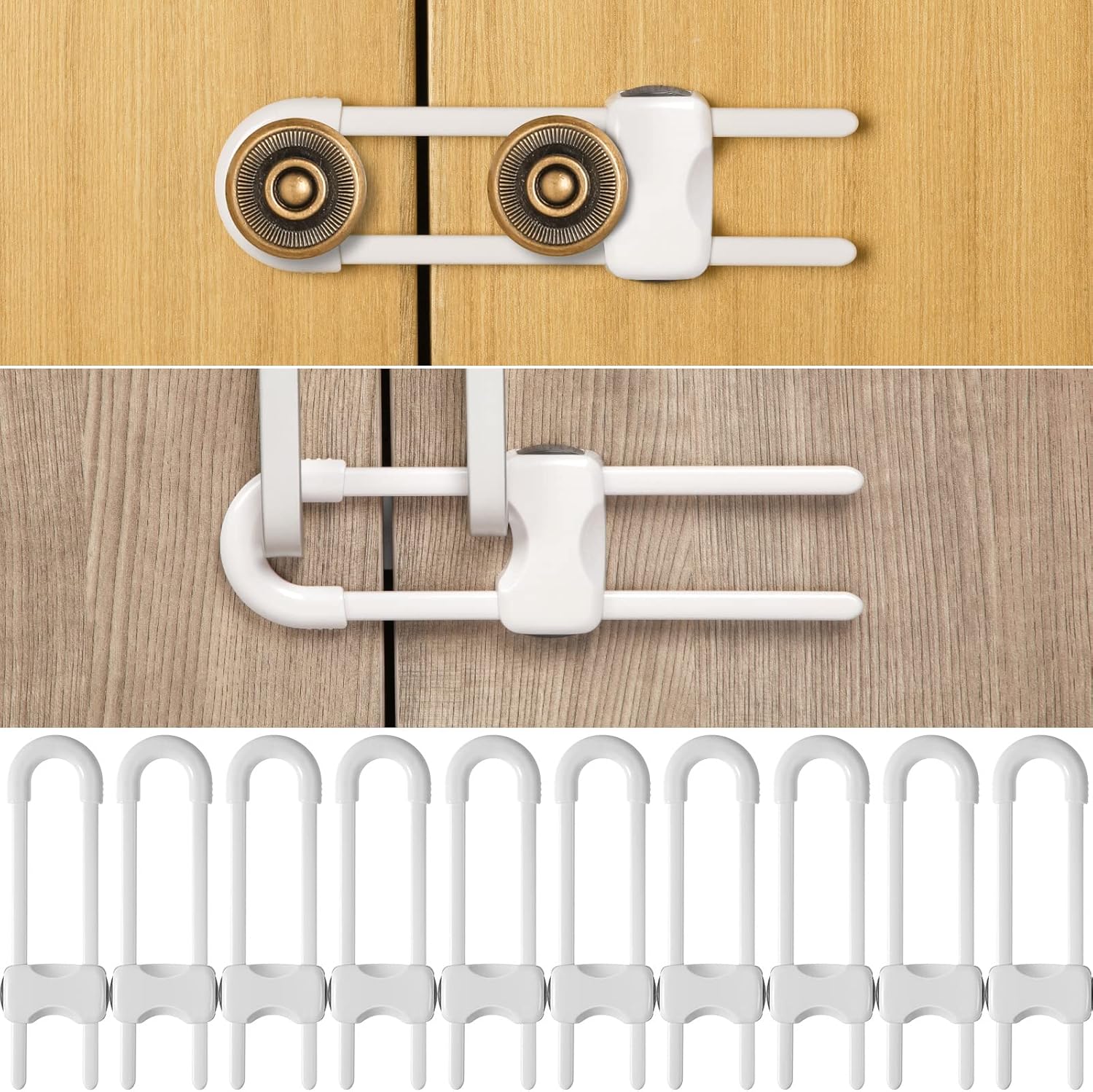 Jetec 10 Pack Baby Cabinet Locks, No Adhesive No Drill Child Safety Locks for Cabinets with Knobs or Handles, Adjustable U-Shaped Child Proof Latches for Cupboards, Fridge, Closet, Pets(White)