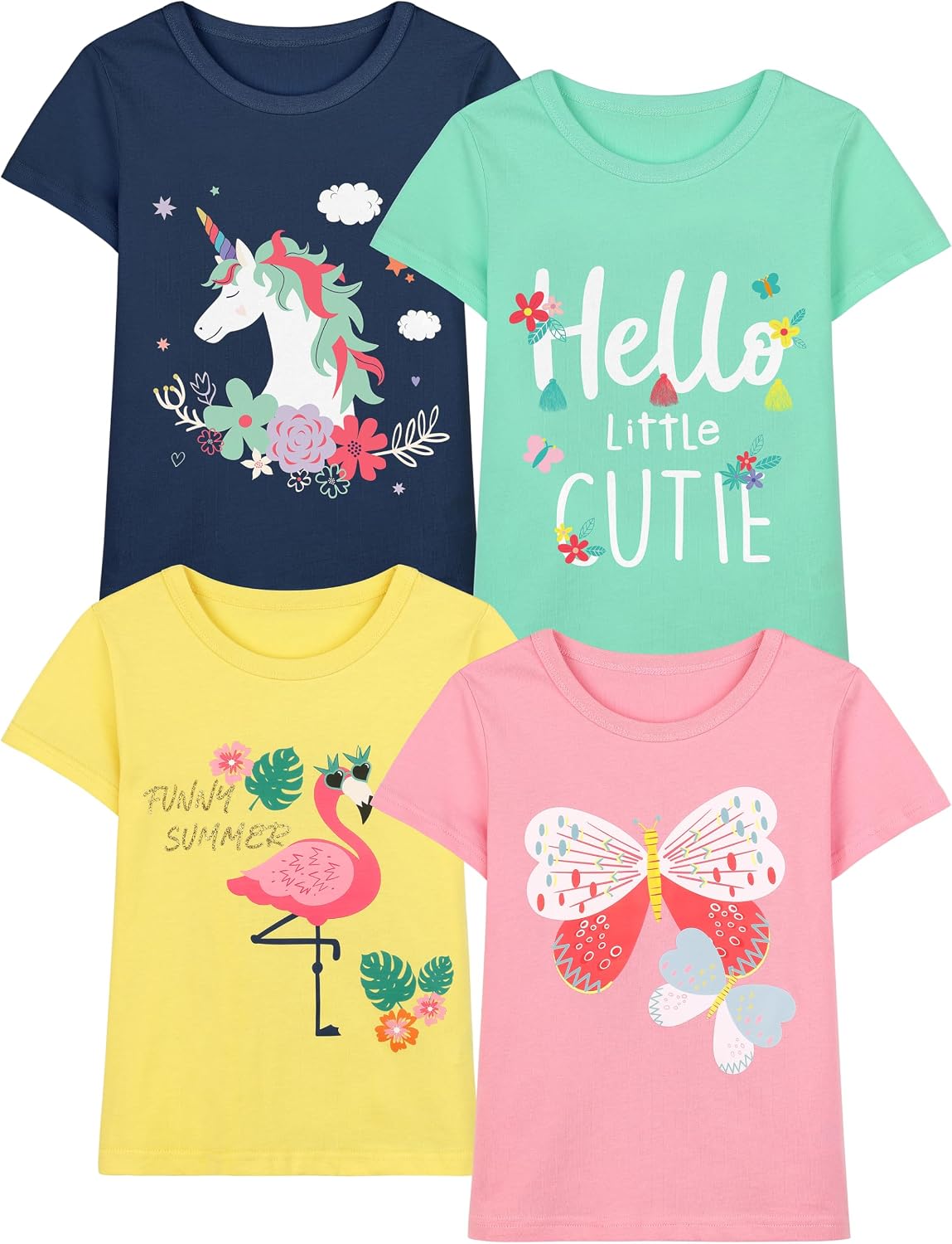 Poroka 4 Packs Toddler Girls Short Sleeve Graphic Tees Soft Cotton T-Shirts with Fun Prints Summer Tops Clothes 2T-5T