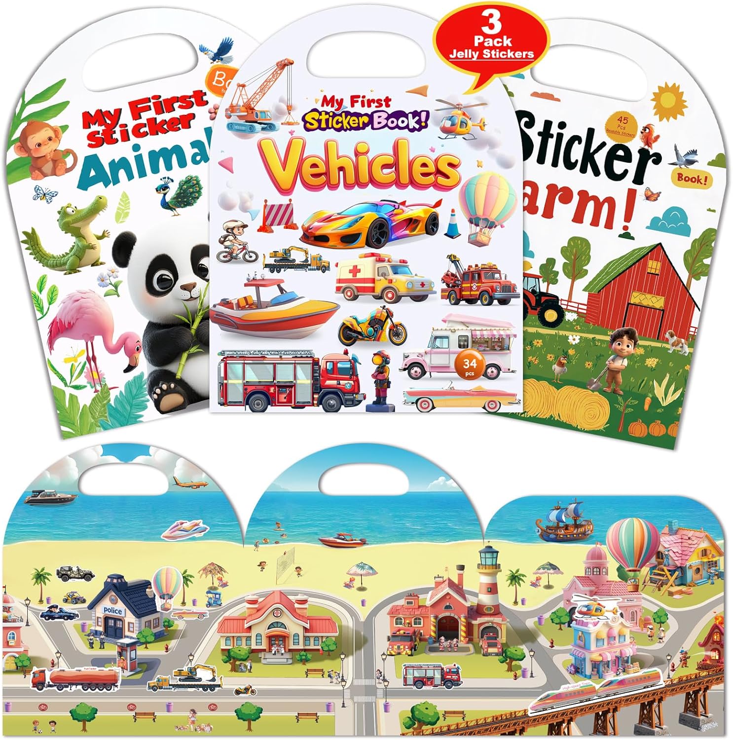 3-Pack Reusable Sticker Books for Toddlers 2-4 Years, Vehicles Truck, Animals & Farm Jelly Activity Stickers for Boys Girls Road Trip Airplane Train Travel Essentials Toy for Kids Birthday Gifts