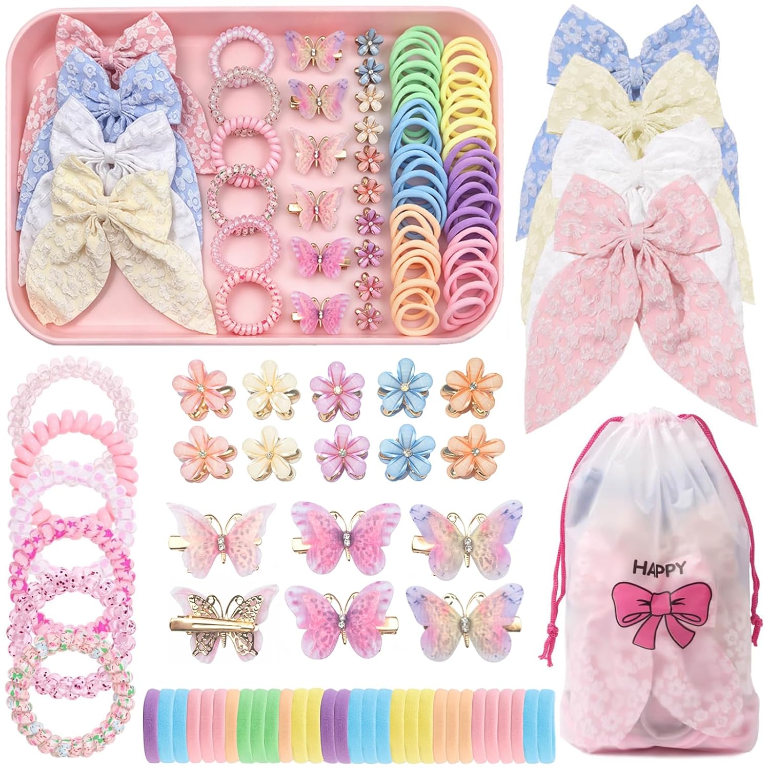 Little Girls Hair Accessories Set,Elastic Spiral Hair Ties for Thick Hair, Mini Crystal Flower Hair Claws,Butterfly Hair Clips,Large Hair Bows for Girls Teens Toddlers (76 Pink SET)