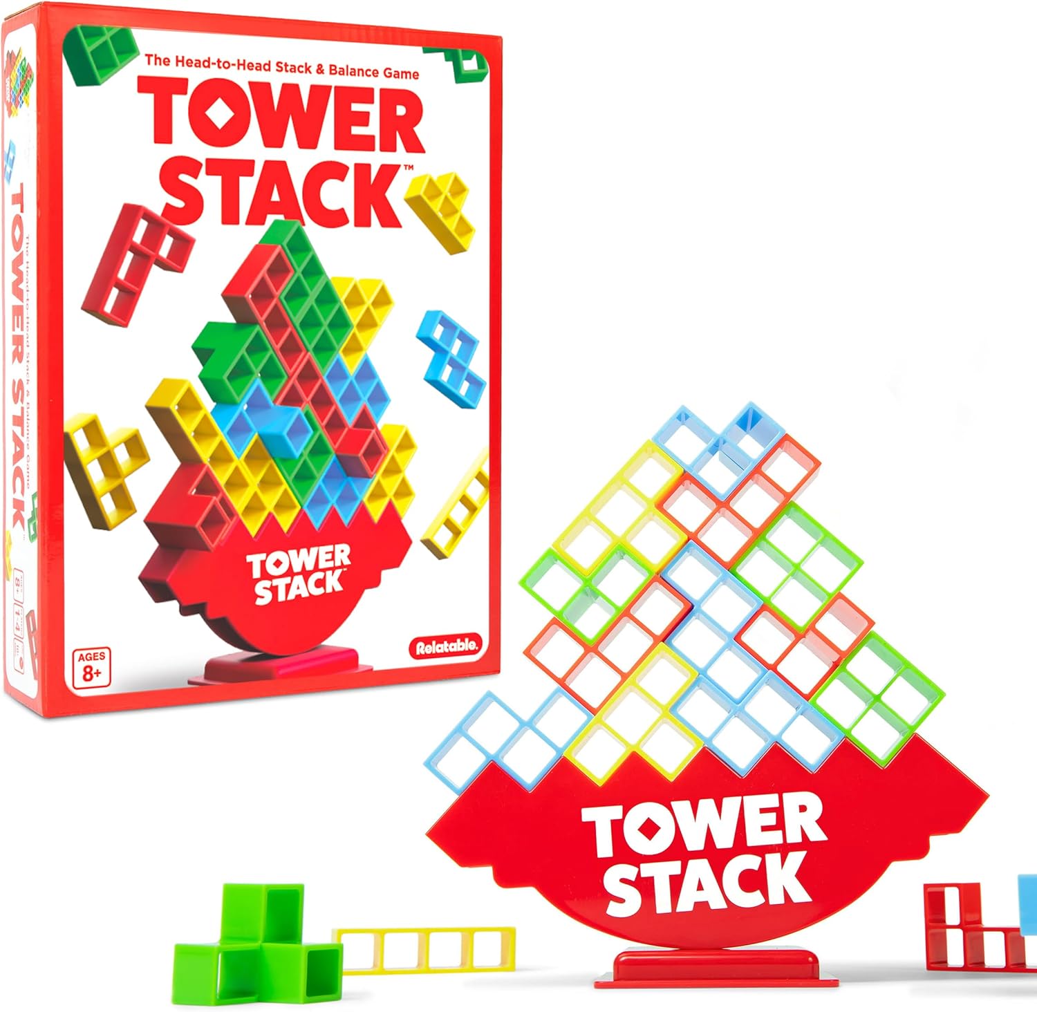 Tower Stack by Relatable – PAL Award 2025 Winner, Exciting Tower Game for Family Game Night, Building Toys for Kids – Includes 44 Cards, 32 Blocks, 1 Tower Body, Stand and Instructions