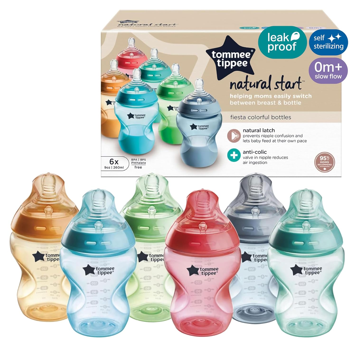 Tommee Tippee Natural Start Anti-Colic 9 oz BPA Free Baby Bottles, 0+ Months, Slow Flow Breast-Like Nipple, Self Sterilizing, Designed for Seamless Transition Between Bottle & Breast, Fiesta,Pack of 6