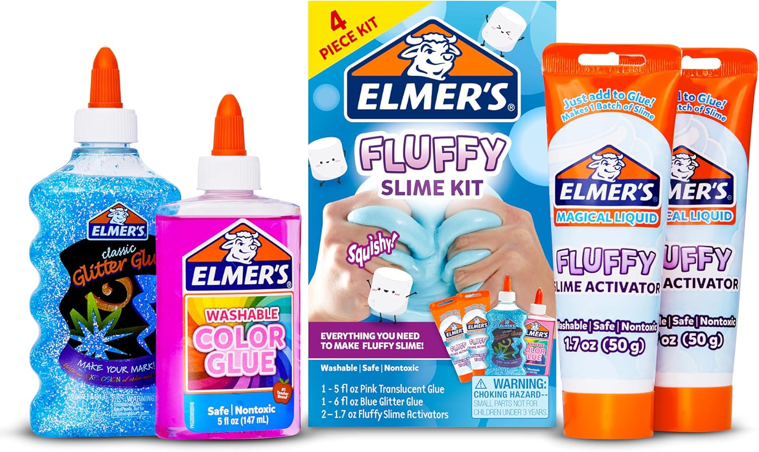 Elmer’s Fluffy Slime Kit, Includes Translucent Color Glue, Glitter Glue, Fluffy Slime Activator, 4 Count – Perfect for Birthday Parties, Summer Fun, Creative Kids Activity