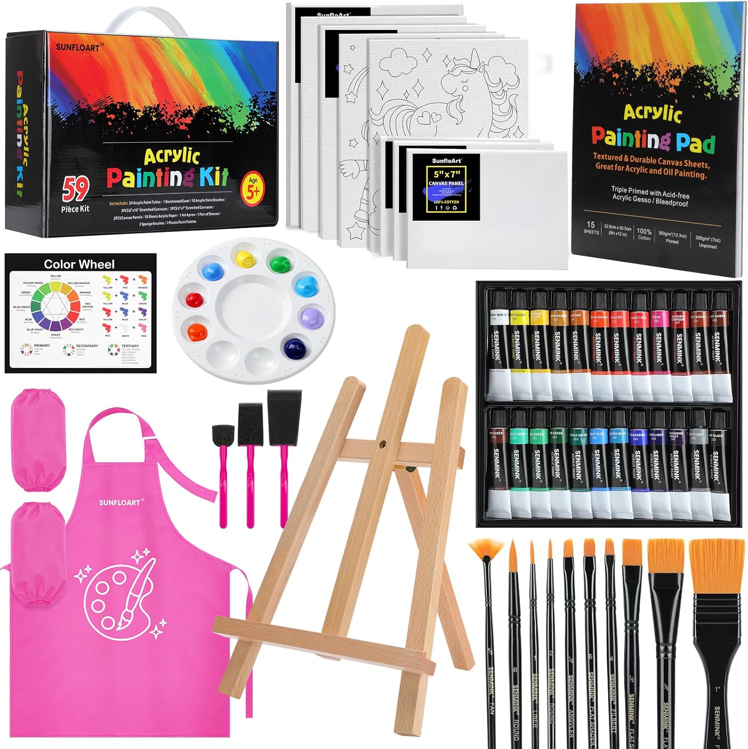 59pcs Acrylic Paint Set – Art Supplies Kit With 24 Non-Toxic Paints, Easel, Brushes, Canvas for Kids, Artists and Beginners, Pink