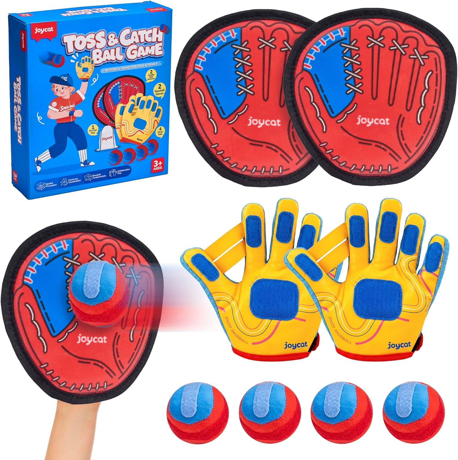 JoyCat Toss and Catch Ball Game with 2 Gloves for Kids & 2 Paddles for Adult or Kids, Outdoor Toys for Family Camping, Beach & Yard Games, Toddler Baseball Glove, Gifts for 3-12 Year Old