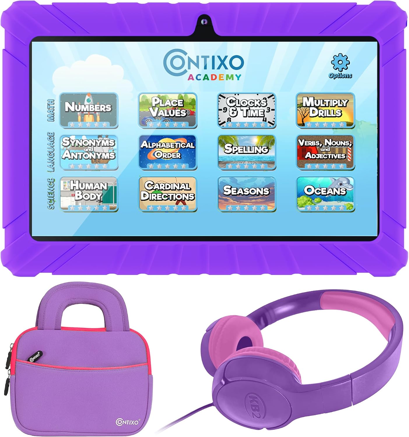 Contixo 7 inch Kids Tablet Bundle – with Headphone & Bag & Tablet for Kids, 32GB, Android 11, Parental Controls, Dual Camera – Purple