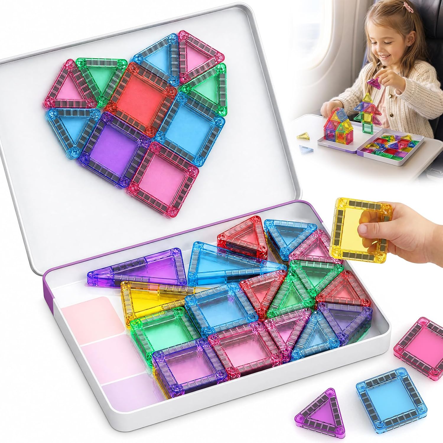Magnetic Tiles for Kids Travel: 40pcs Portable Mini Building Toy – 30-Sec Iron Case Opens Into 10.6-Inch Play Board – STEM Gift for Toddlers Ages 3-6 – Airplane Road Trip Restaurant
