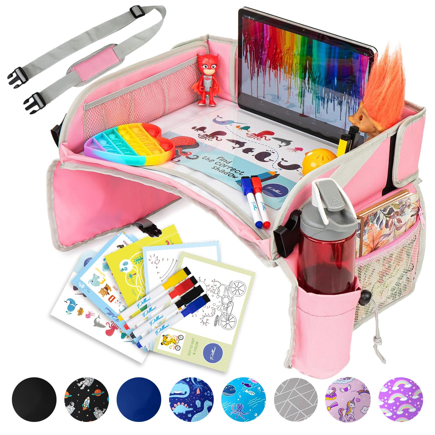 PILLANI Kids Travel Tray for Car – Car Seat Tray for Kids Travel, Road Trip Essentials, Carseat Table for Roadtrip Activities – Must Haves Toddler Lap Desk Organizer for Airplane – Car Accessories